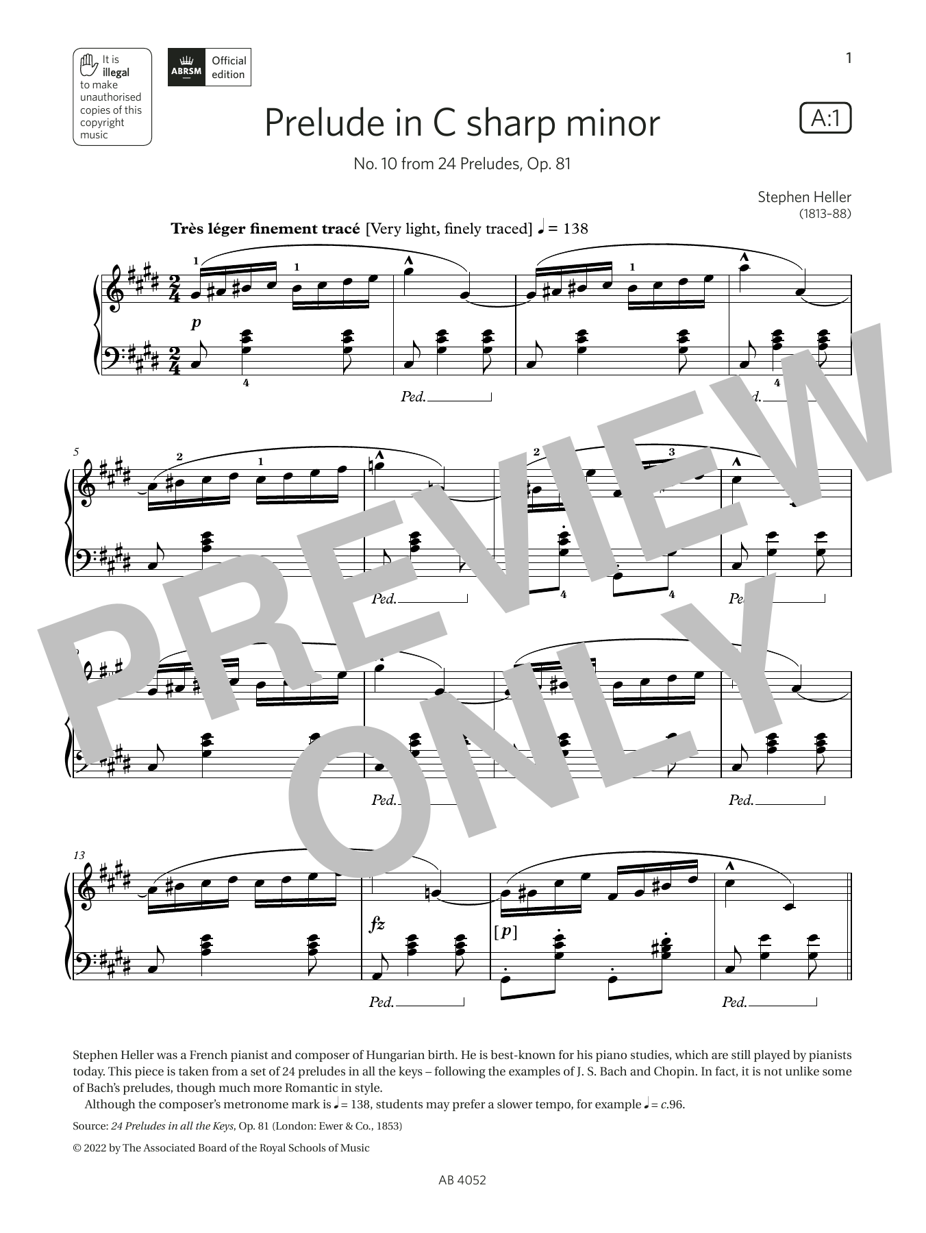 Stephen Heller Prelude in C sharp minor (Grade 6, list A1, from the ABRSM Piano Syllabus 2023 & 2024) Sheet Music Notes & Chords for Piano Solo - Download or Print PDF