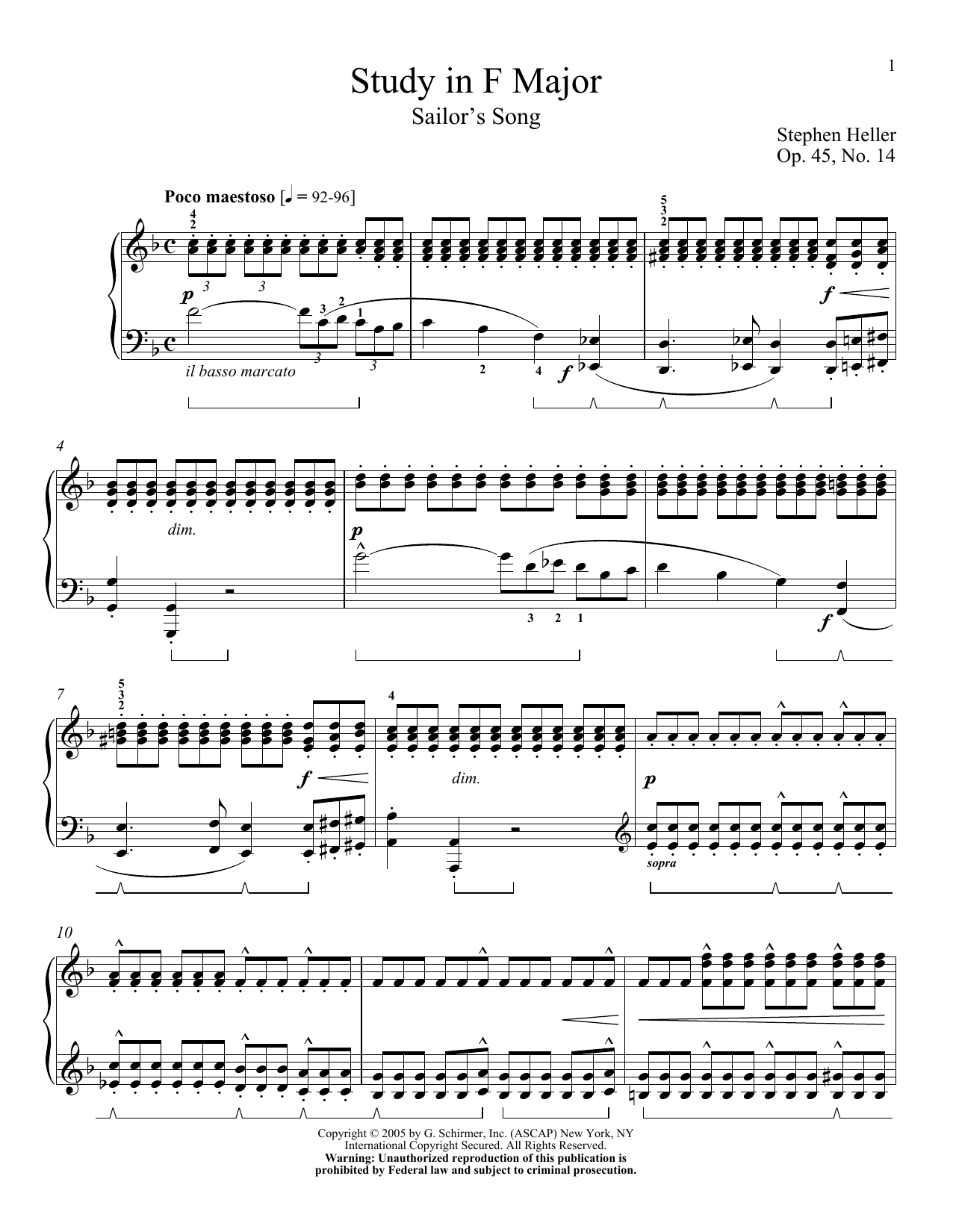 Stephen Heller Sailor's Song, Op. 45, No. 14 Sheet Music Notes & Chords for Piano - Download or Print PDF