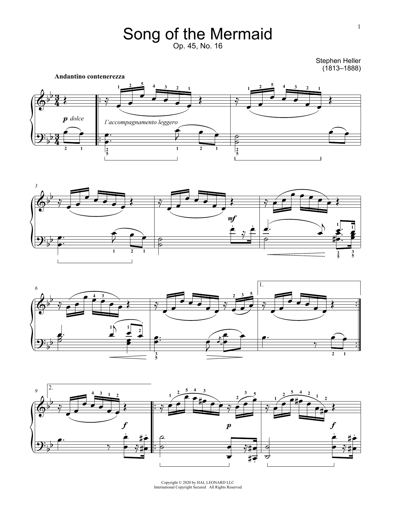 Stephen Heller Song Of The Mermaid, Op. 45, No. 1 Sheet Music Notes & Chords for Educational Piano - Download or Print PDF