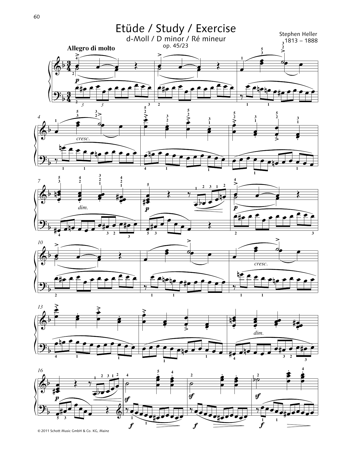 Stephen Heller Study D minor Sheet Music Notes & Chords for Piano Solo - Download or Print PDF