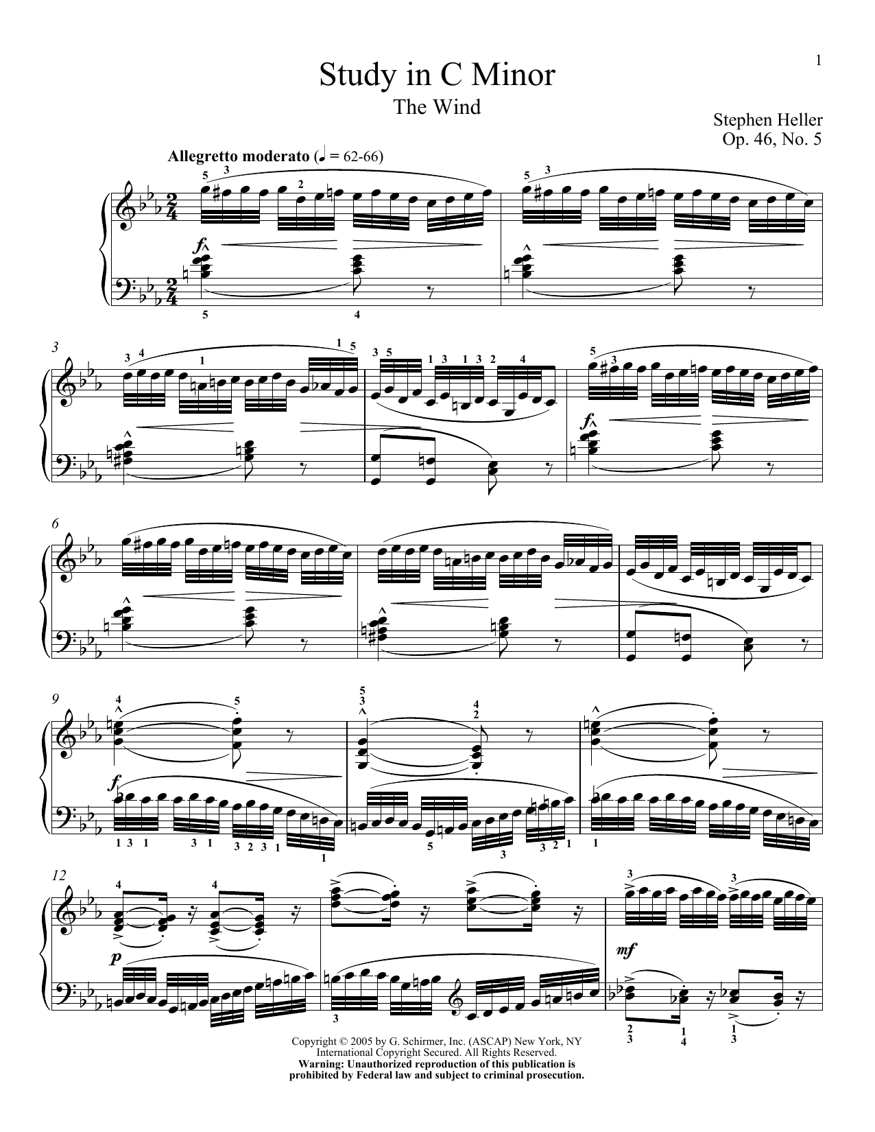 Stephen Heller Study In C Minor, Op. 47, No. 20 Sheet Music Notes & Chords for Piano - Download or Print PDF