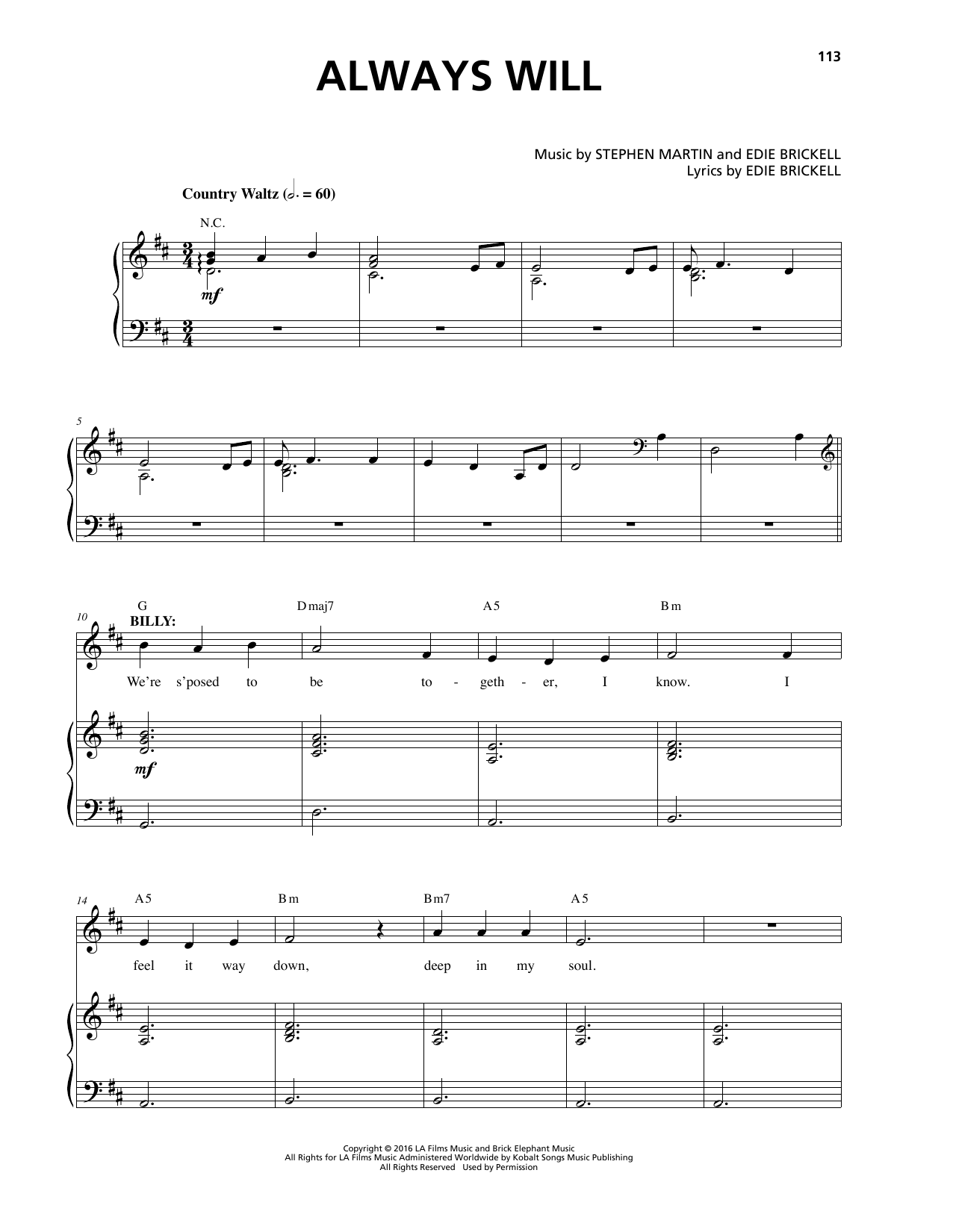 Stephen Martin & Edie Brickell Always Will Sheet Music Notes & Chords for Piano & Vocal - Download or Print PDF