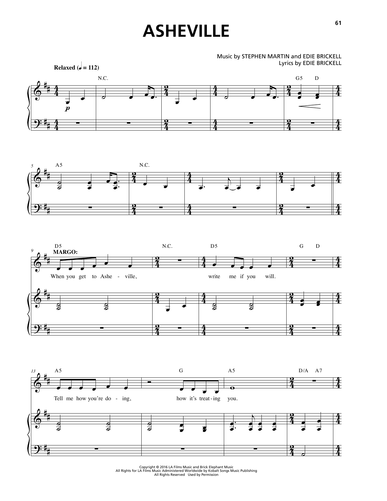 Stephen Martin & Edie Brickell Asheville Sheet Music Notes & Chords for Piano & Vocal - Download or Print PDF