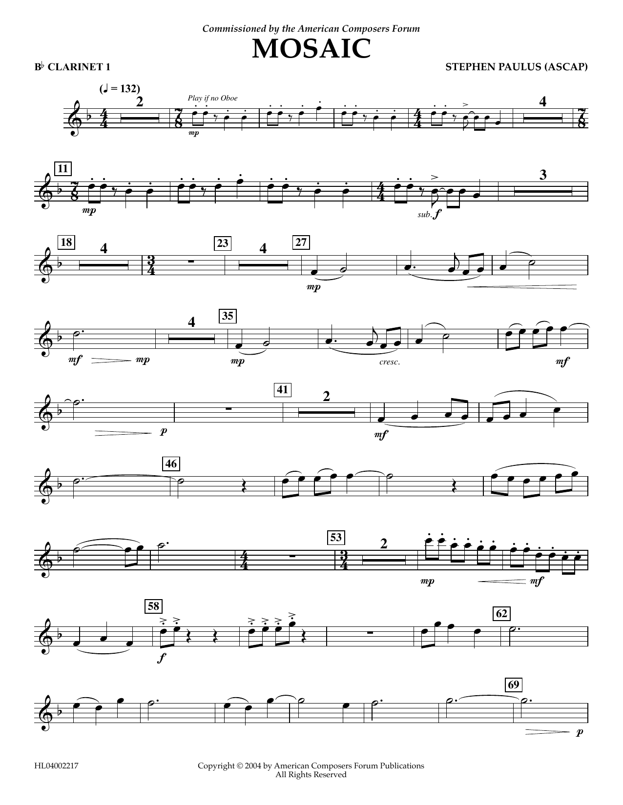 Stephen Paulus Mosaic - Bb Clarinet 1 Sheet Music Notes & Chords for Concert Band - Download or Print PDF