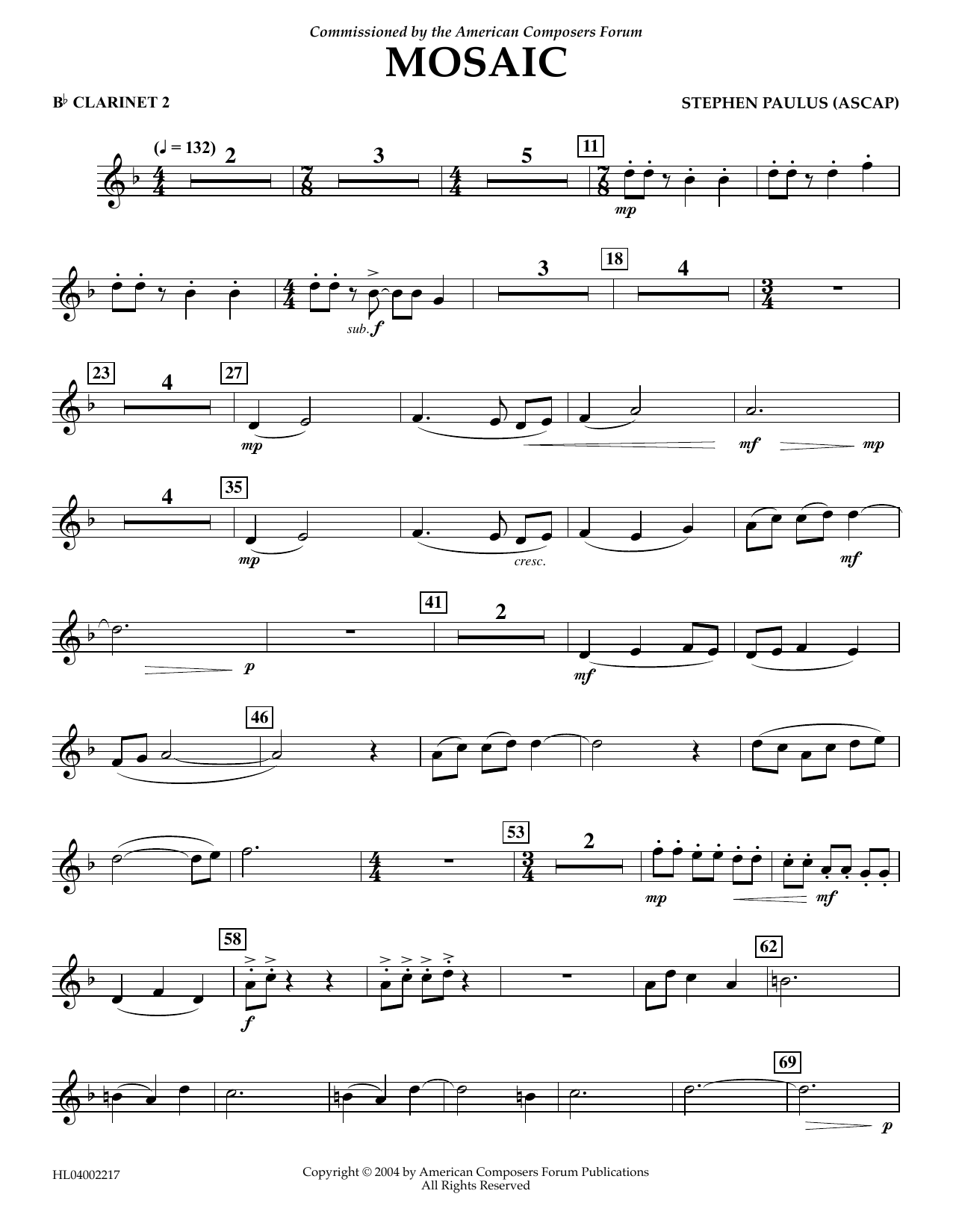 Stephen Paulus Mosaic - Bb Clarinet 2 Sheet Music Notes & Chords for Concert Band - Download or Print PDF
