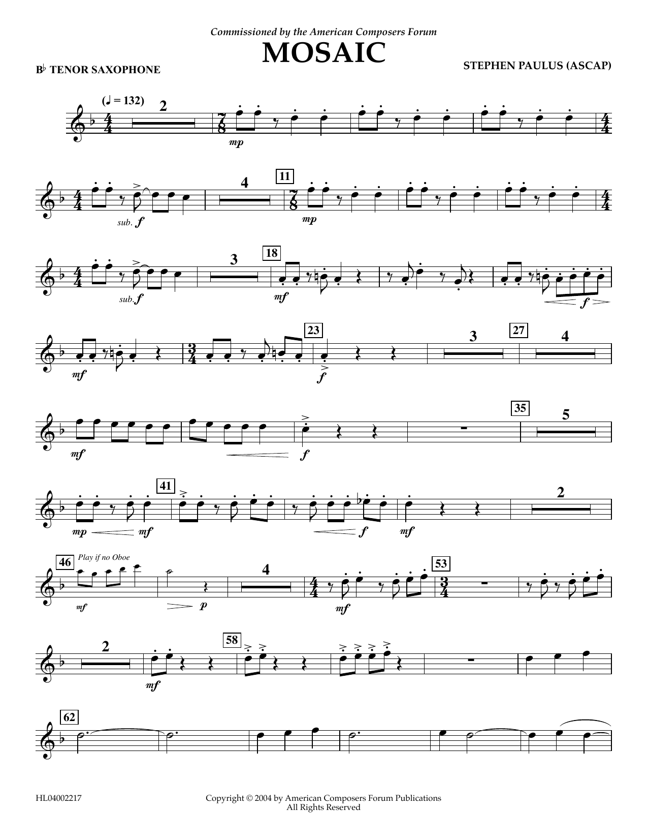 Stephen Paulus Mosaic - Bb Tenor Saxophone Sheet Music Notes & Chords for Concert Band - Download or Print PDF