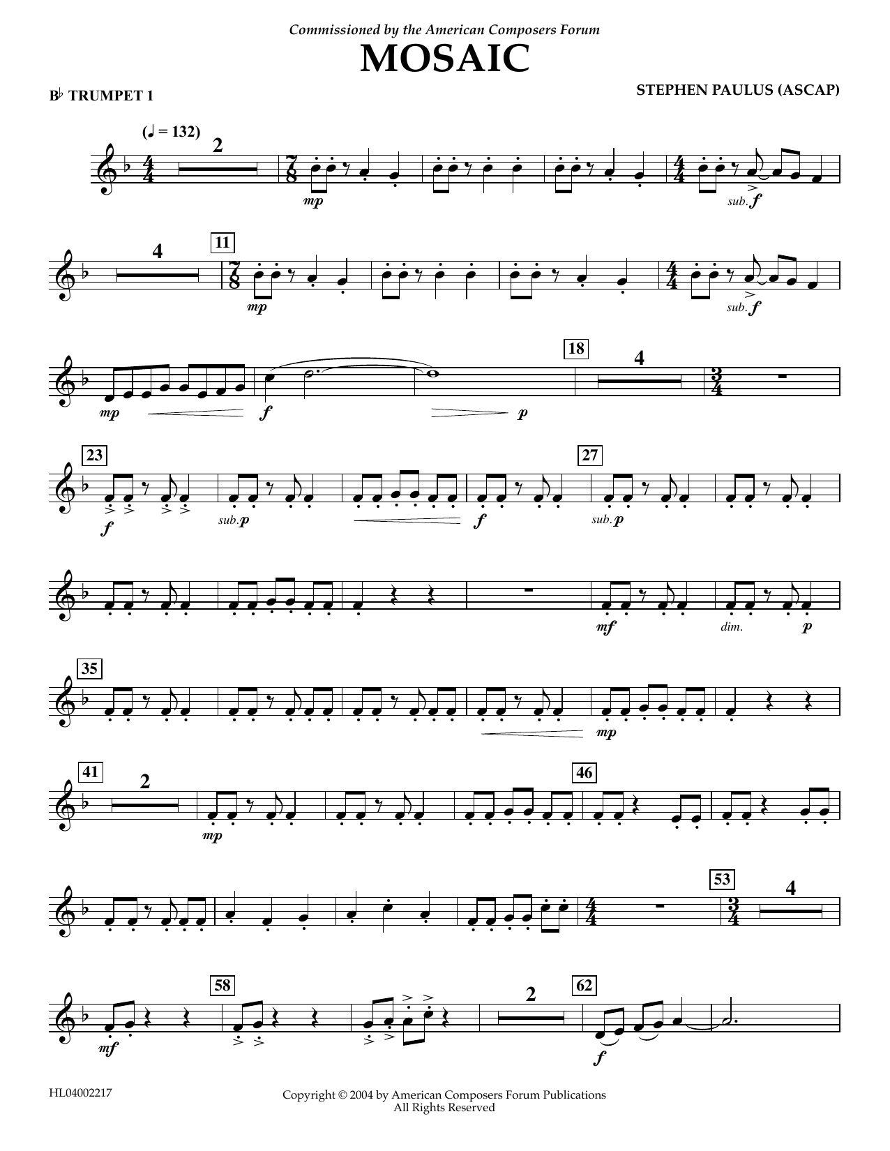 Stephen Paulus Mosaic - Bb Trumpet 1 Sheet Music Notes & Chords for Concert Band - Download or Print PDF