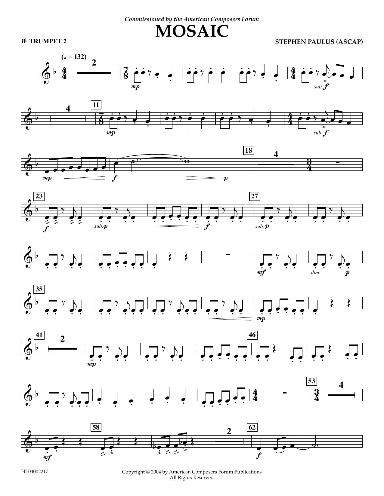 Stephen Paulus Mosaic - Bb Trumpet 2 Sheet Music Notes & Chords for Concert Band - Download or Print PDF