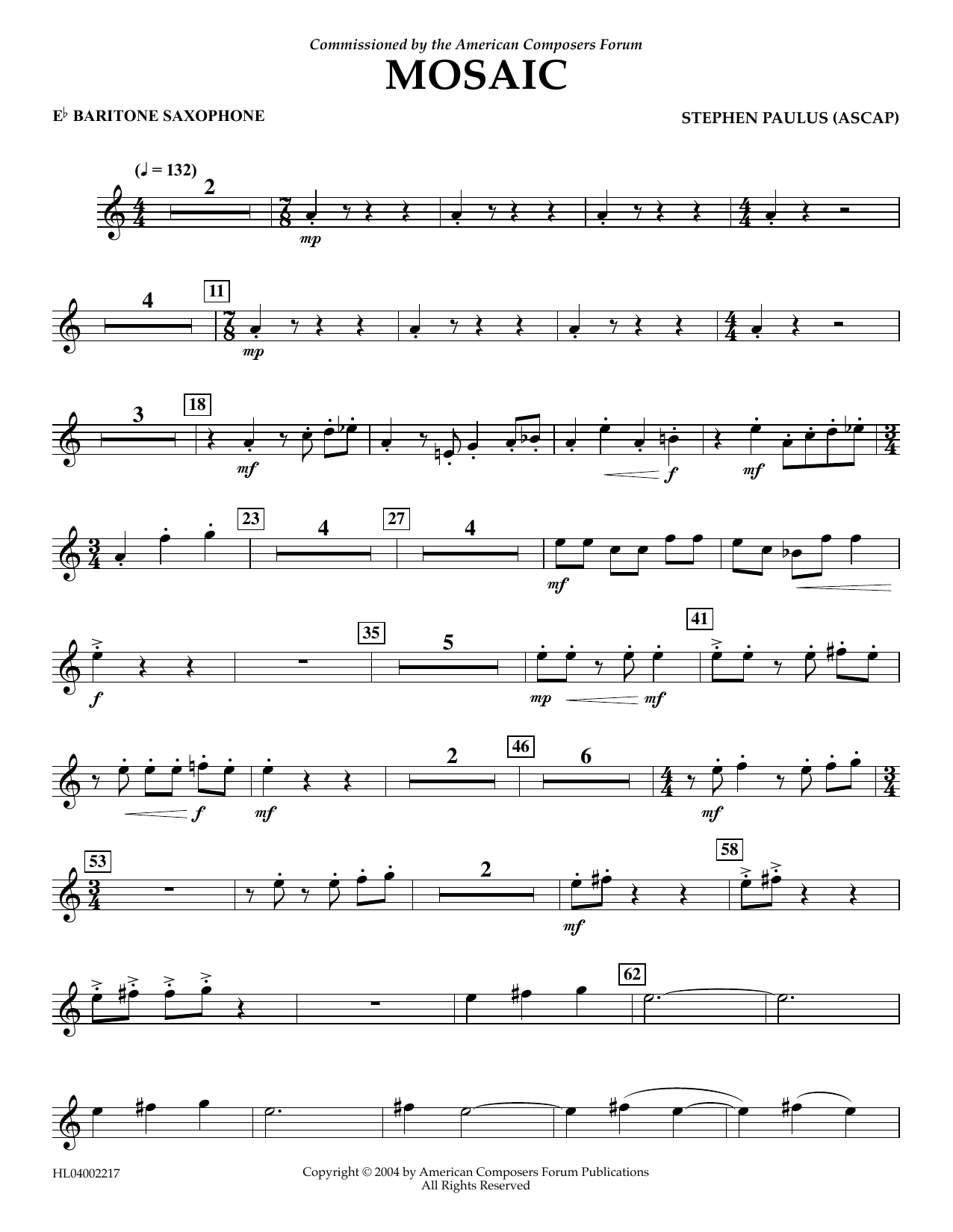 Stephen Paulus Mosaic - Eb Baritone Saxophone Sheet Music Notes & Chords for Concert Band - Download or Print PDF