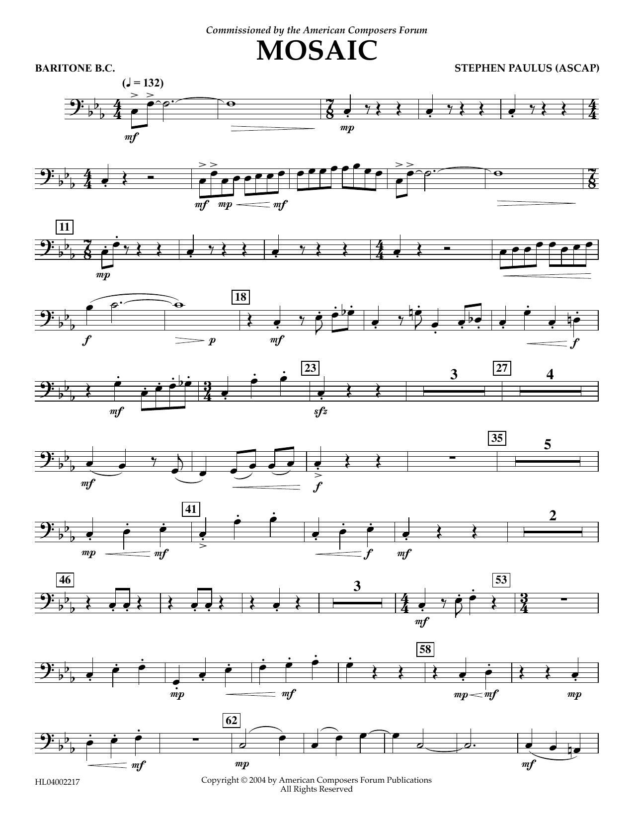 Stephen Paulus Mosaic - Euphonium in Bass Clef Sheet Music Notes & Chords for Concert Band - Download or Print PDF