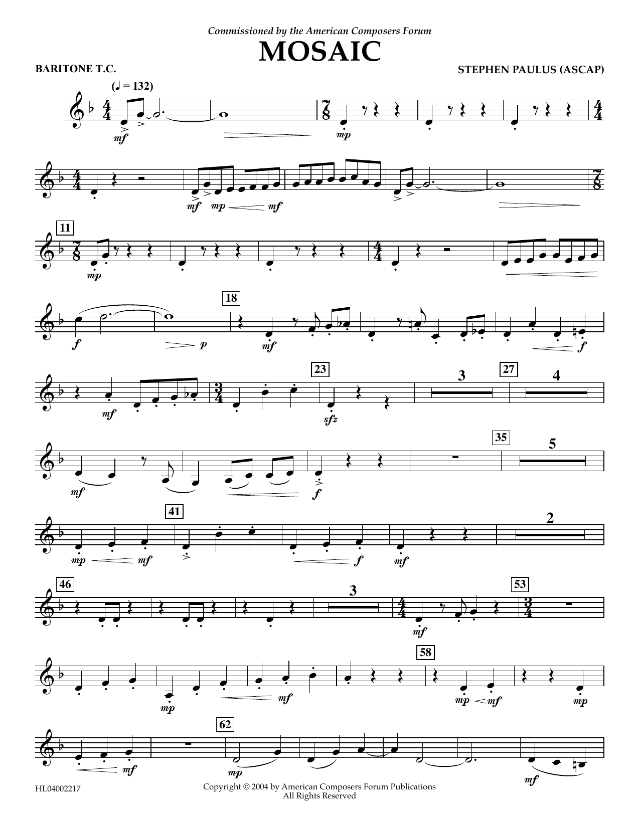 Stephen Paulus Mosaic - Euphonium in Treble Clef Sheet Music Notes & Chords for Concert Band - Download or Print PDF