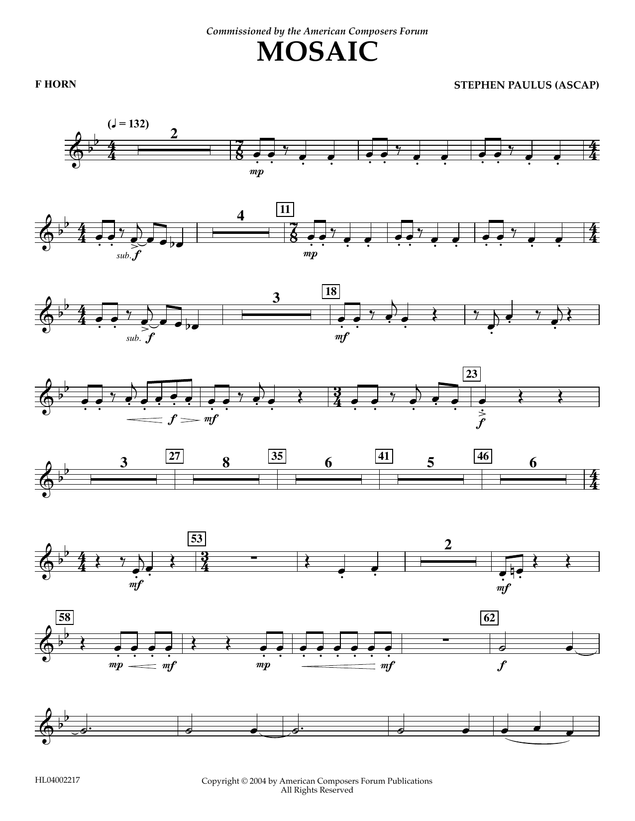 Stephen Paulus Mosaic - F Horn Sheet Music Notes & Chords for Concert Band - Download or Print PDF