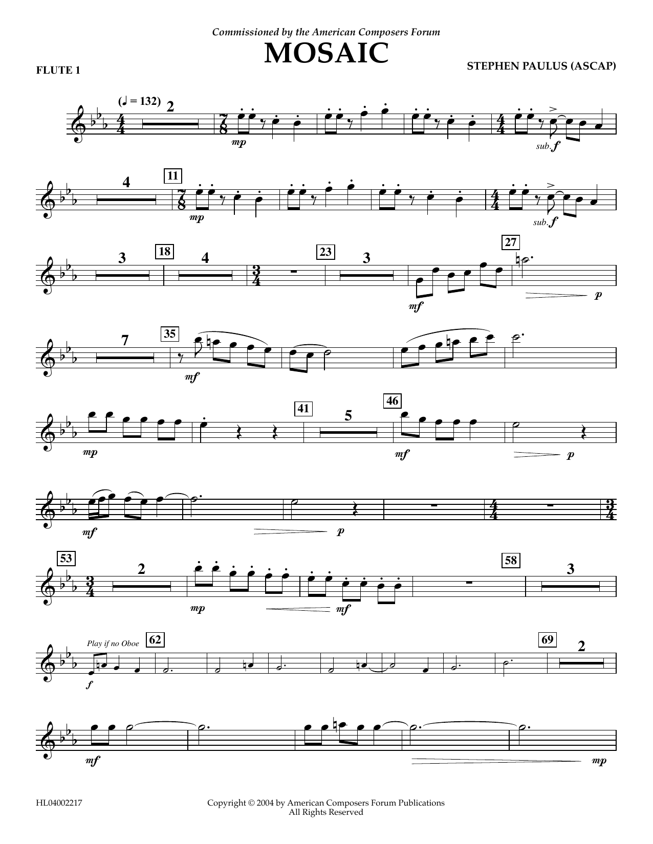 Stephen Paulus Mosaic - Flute 1 Sheet Music Notes & Chords for Concert Band - Download or Print PDF