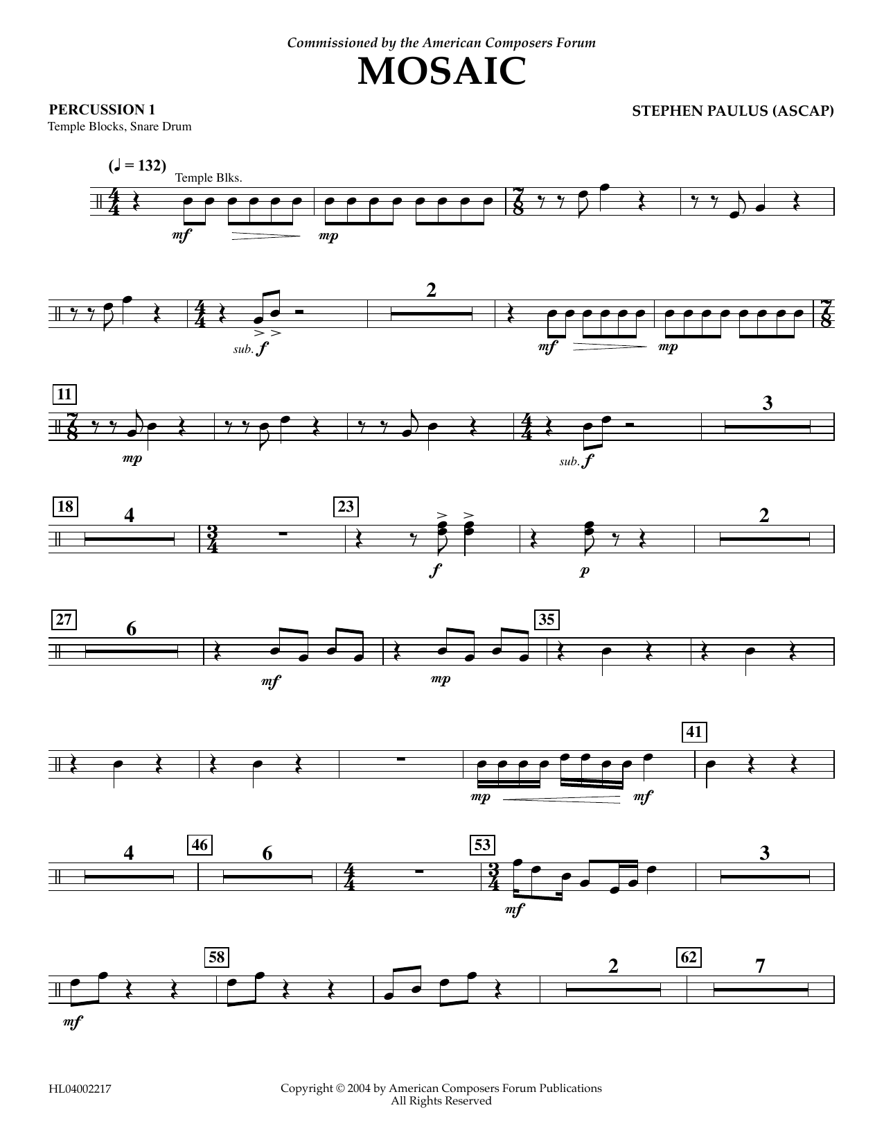 Stephen Paulus Mosaic - Percussion 1 Sheet Music Notes & Chords for Concert Band - Download or Print PDF