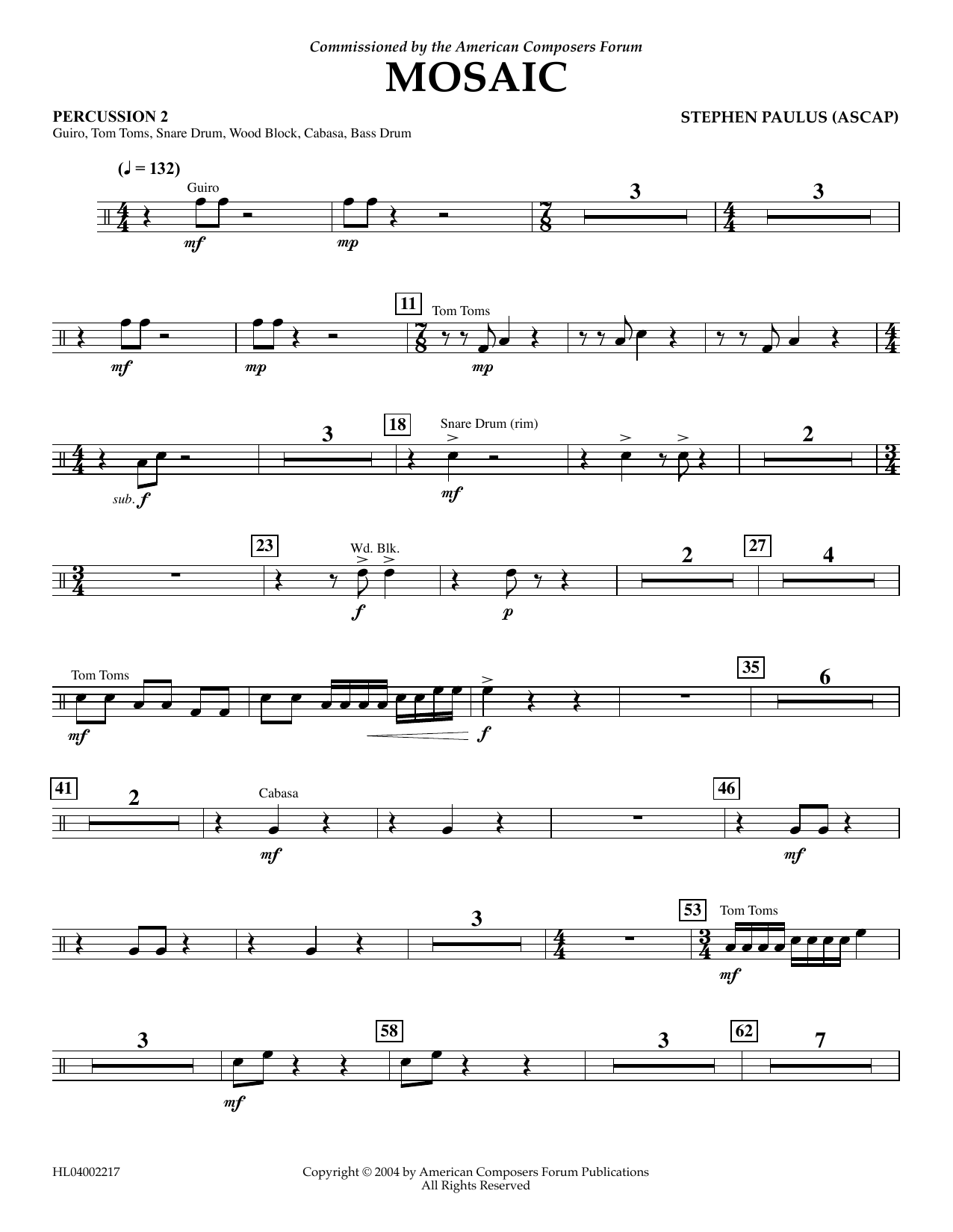Stephen Paulus Mosaic - Percussion 2 Sheet Music Notes & Chords for Concert Band - Download or Print PDF