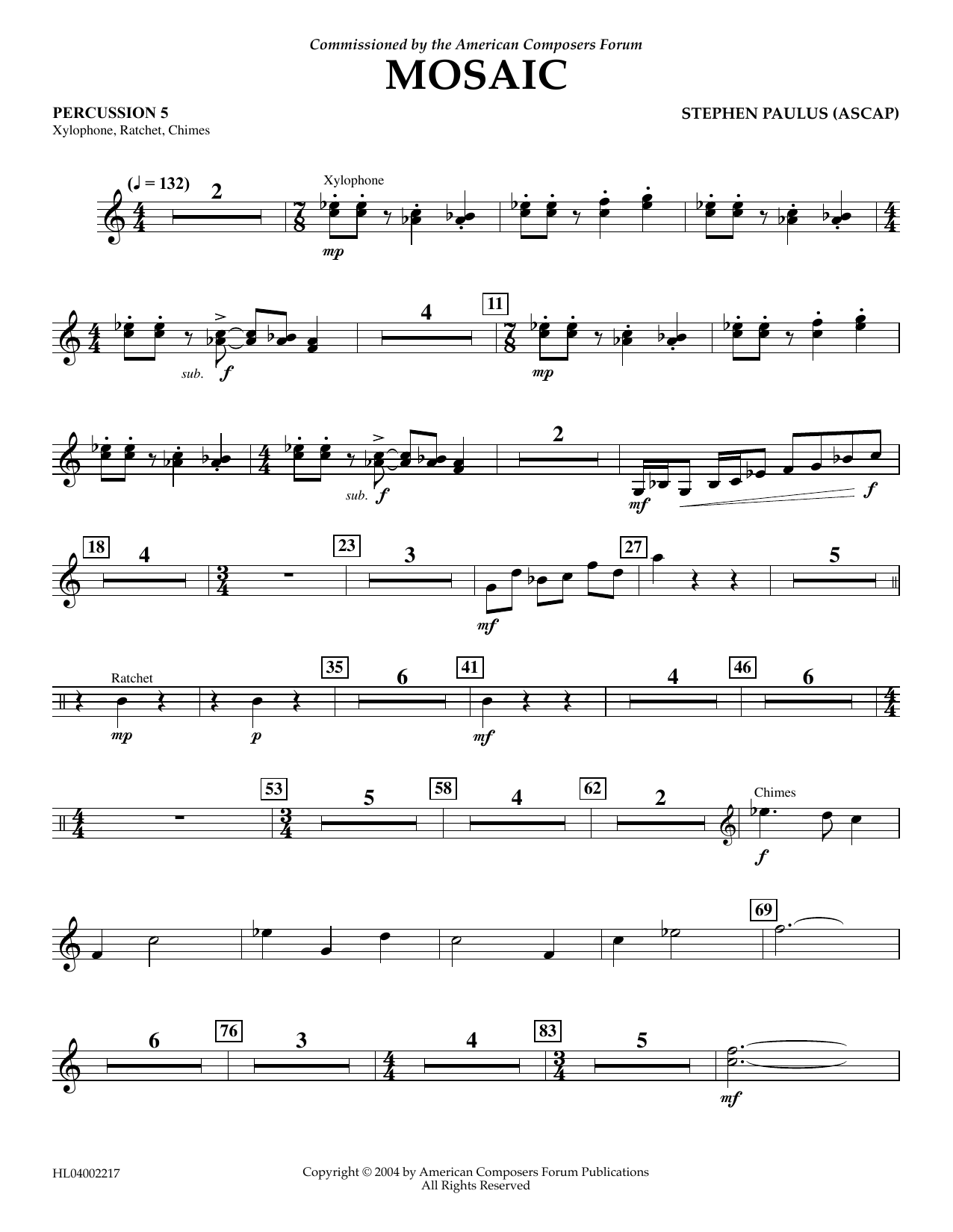 Stephen Paulus Mosaic - Percussion 5 Sheet Music Notes & Chords for Concert Band - Download or Print PDF