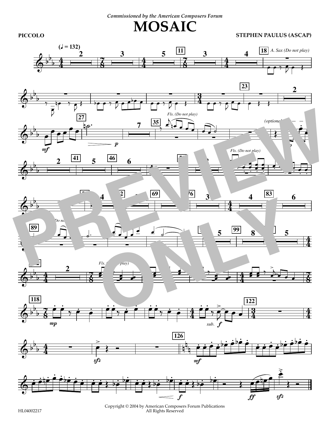 Stephen Paulus Mosaic - Piccolo Sheet Music Notes & Chords for Concert Band - Download or Print PDF