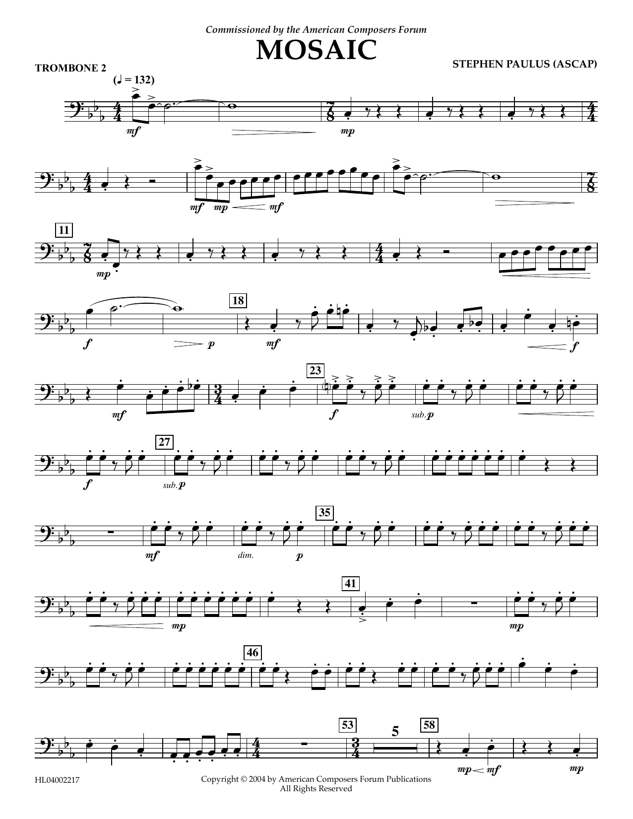 Stephen Paulus Mosaic - Trombone 2 Sheet Music Notes & Chords for Concert Band - Download or Print PDF