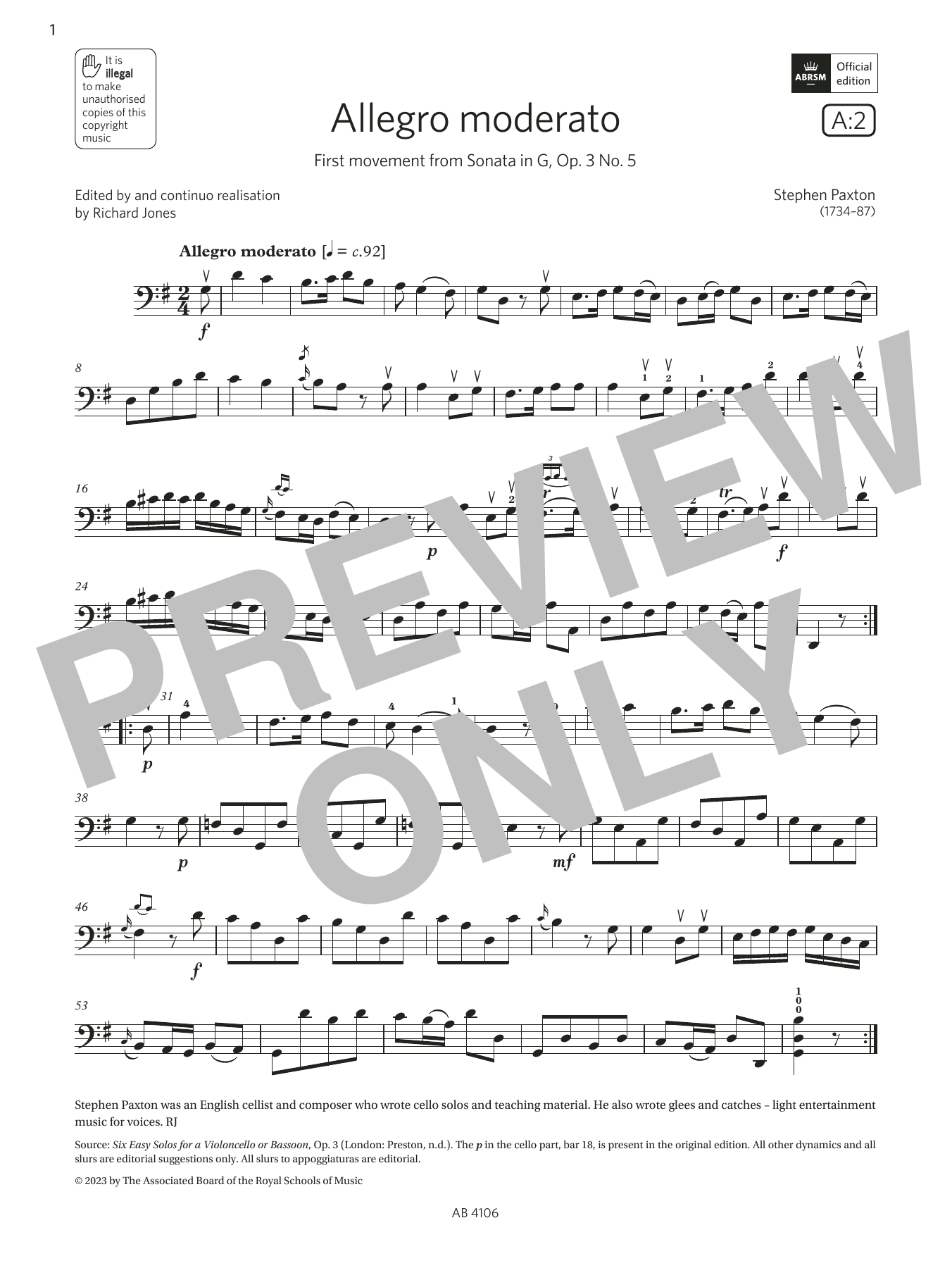 Stephen Paxton Allegro moderato (Grade 3, A2, from the ABRSM Cello Syllabus from 2024) Sheet Music Notes & Chords for Cello Solo - Download or Print PDF