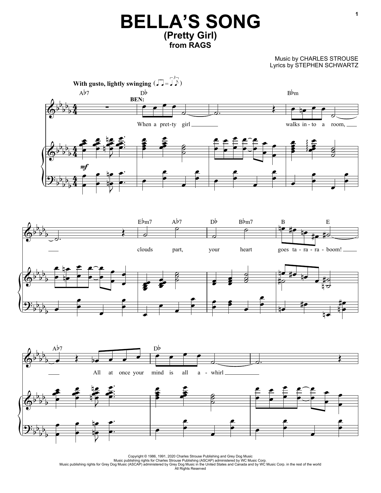 Stephen Schwartz & Charles Strouse Bella's Song (Pretty Girl) (from Rags: The Musical) Sheet Music Notes & Chords for Piano & Vocal - Download or Print PDF