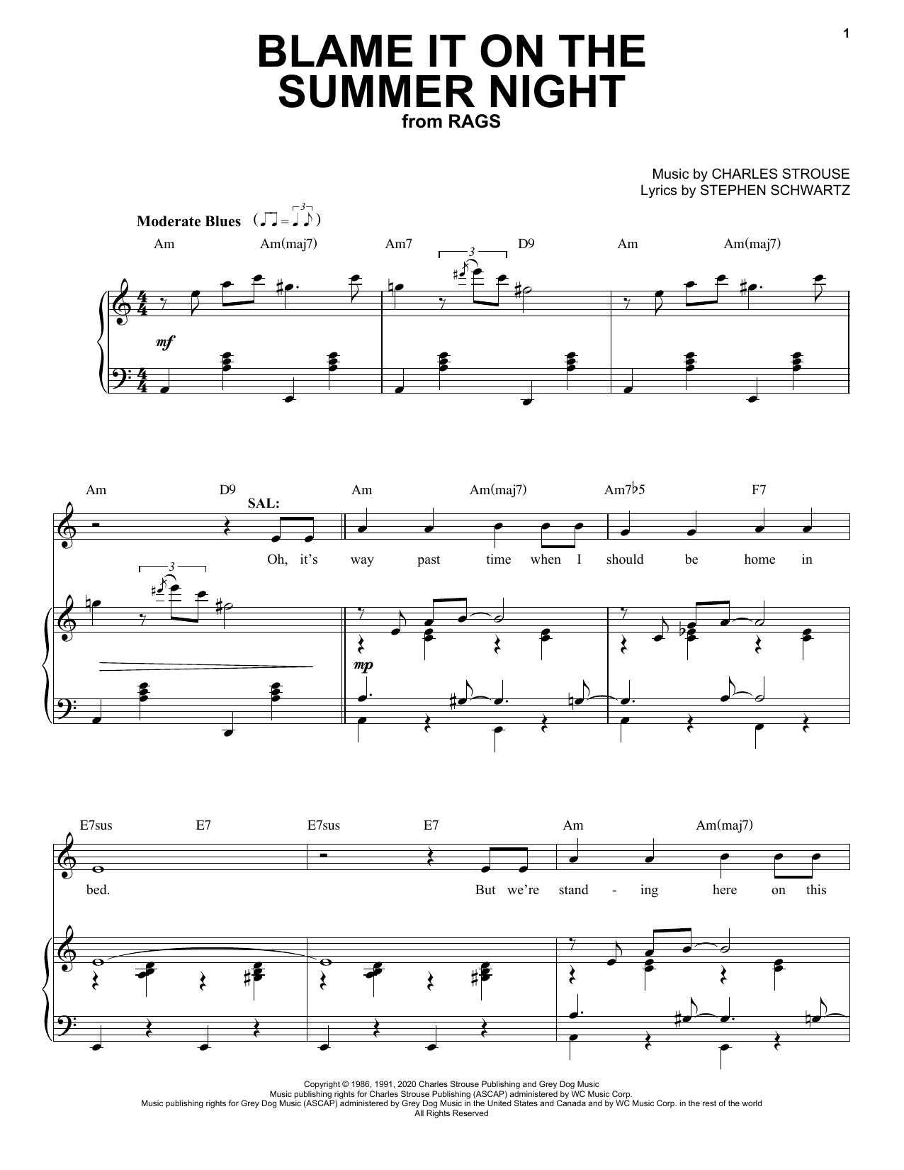Stephen Schwartz & Charles Strouse Blame It On The Summer Night (from Rags: The Musical) Sheet Music Notes & Chords for Piano & Vocal - Download or Print PDF