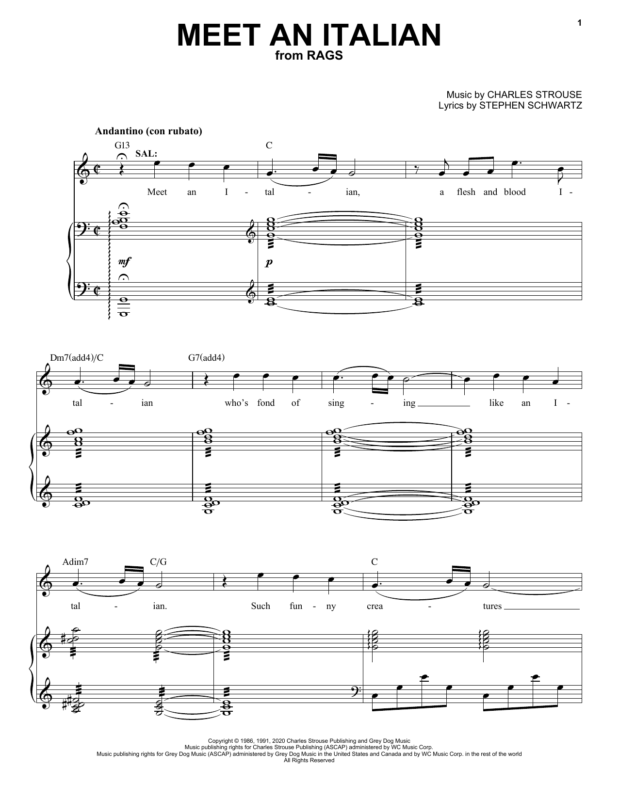 Stephen Schwartz & Charles Strouse Meet An Italian (from Rags: The Musical) Sheet Music Notes & Chords for Piano & Vocal - Download or Print PDF