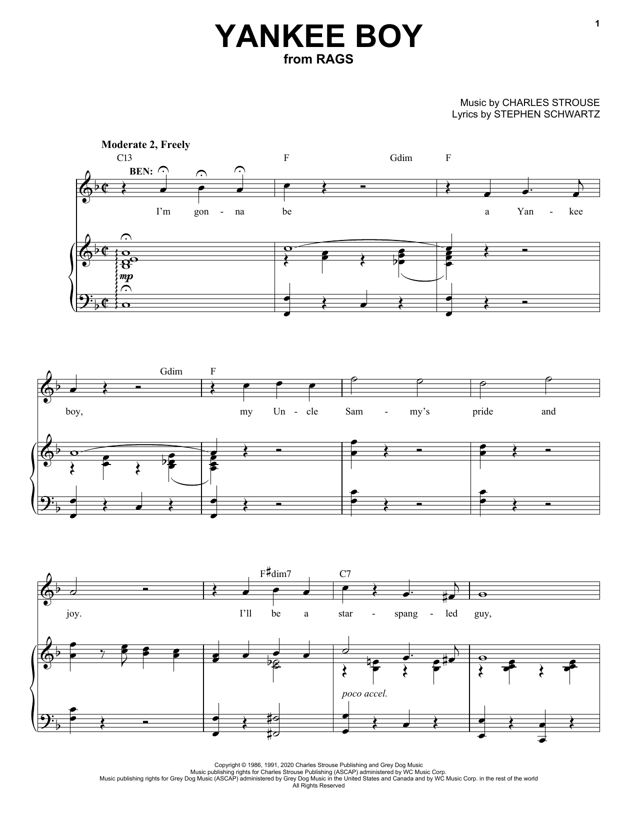 Stephen Schwartz & Charles Strouse Yankee Boy (from Rags: The Musical) Sheet Music Notes & Chords for Piano & Vocal - Download or Print PDF