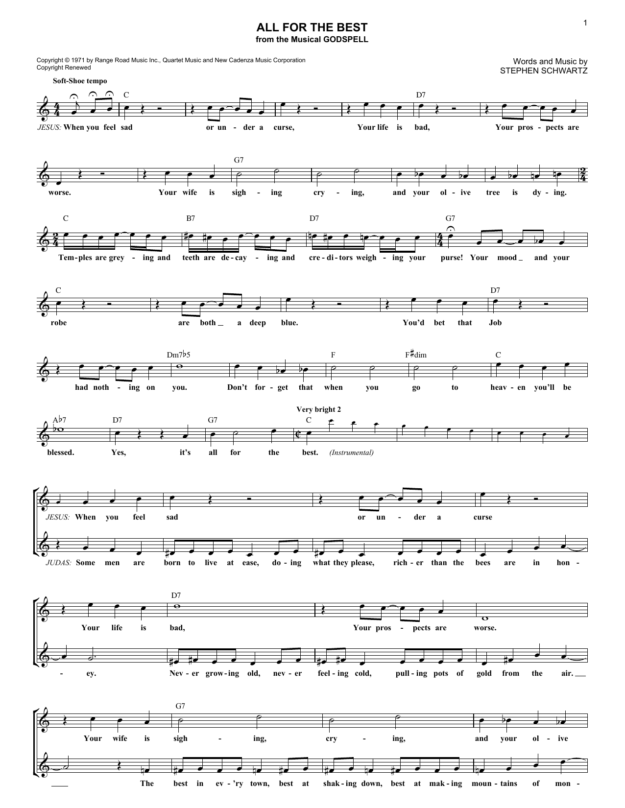 Stephen Schwartz All For The Best Sheet Music Notes & Chords for Melody Line, Lyrics & Chords - Download or Print PDF