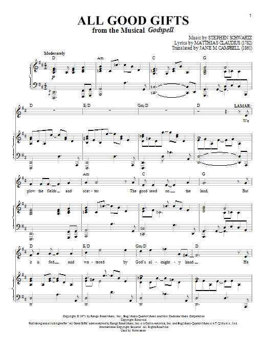 Stephen Schwartz All Good Gifts Sheet Music Notes & Chords for Piano, Vocal & Guitar (Right-Hand Melody) - Download or Print PDF