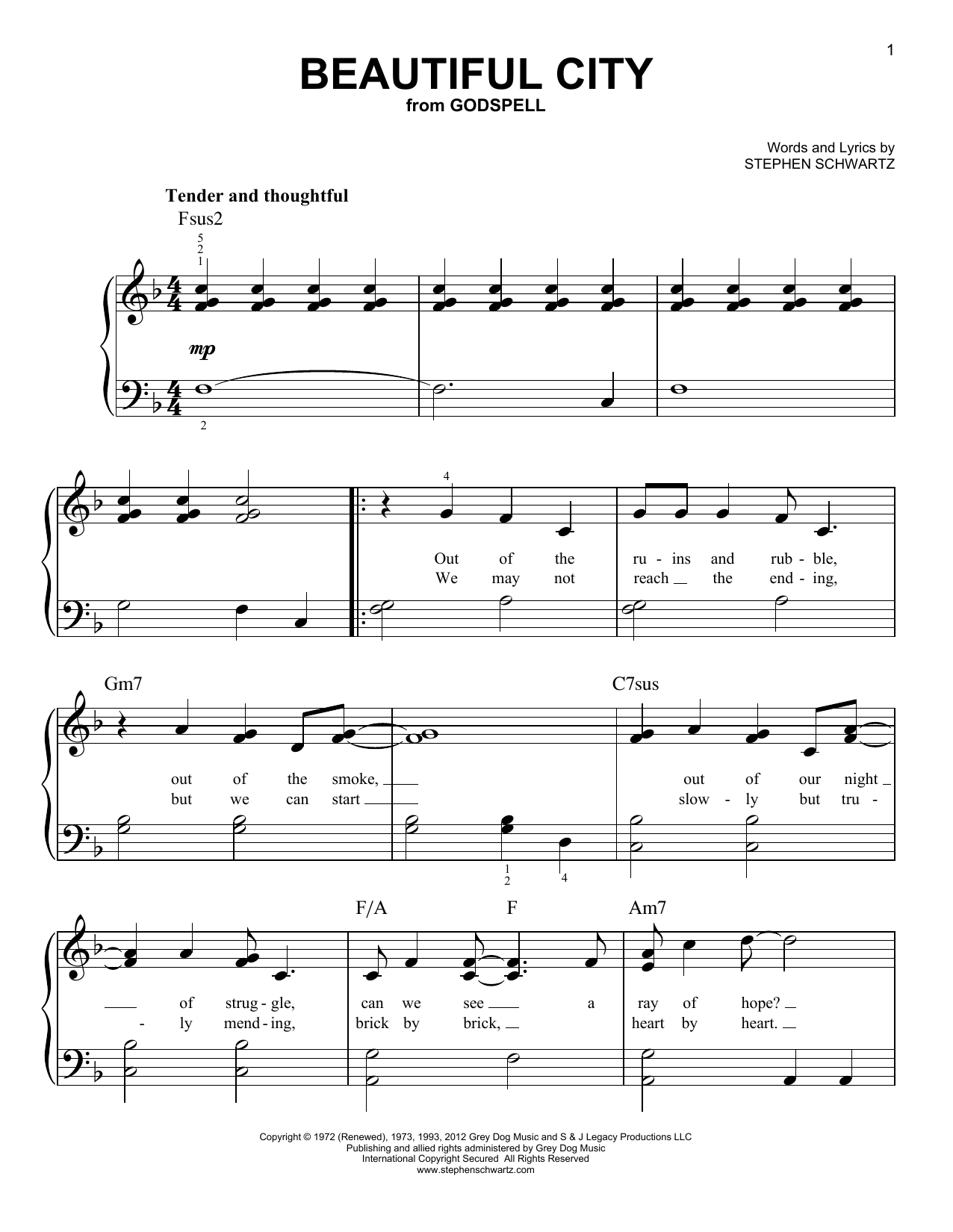 Stephen Schwartz Beautiful City (from Godspell) Sheet Music Notes & Chords for Very Easy Piano - Download or Print PDF