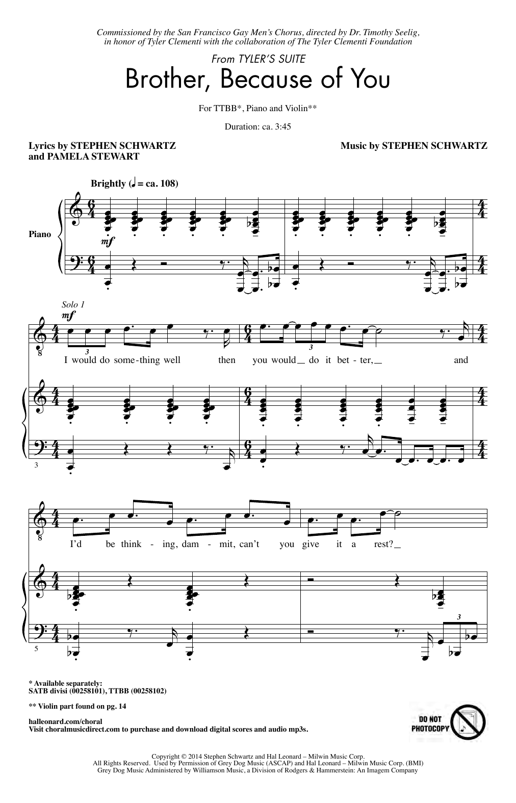 Stephen Schwartz Brother, Because Of You (from Tyler's Suite) (Arr. Sarsony) Sheet Music Notes & Chords for TTBB - Download or Print PDF