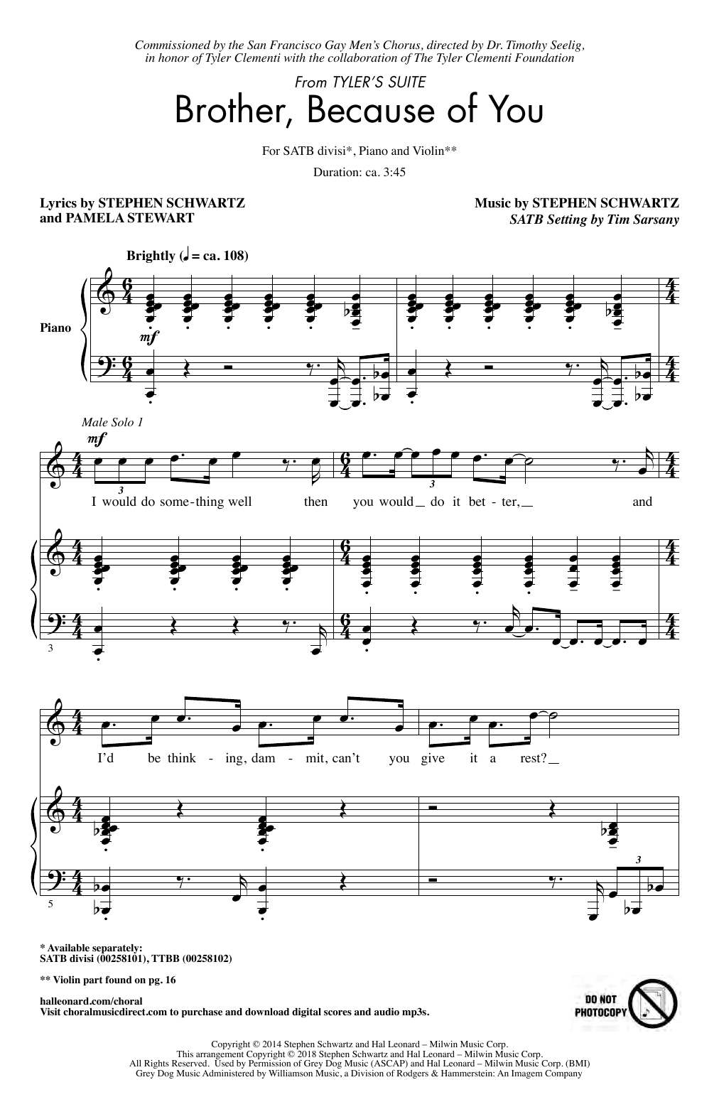 Stephen Schwartz Brother, Because Of You (from Tyler's Suite) (Arr. Sarsony) Sheet Music Notes & Chords for Choral SSAATTBB - Download or Print PDF