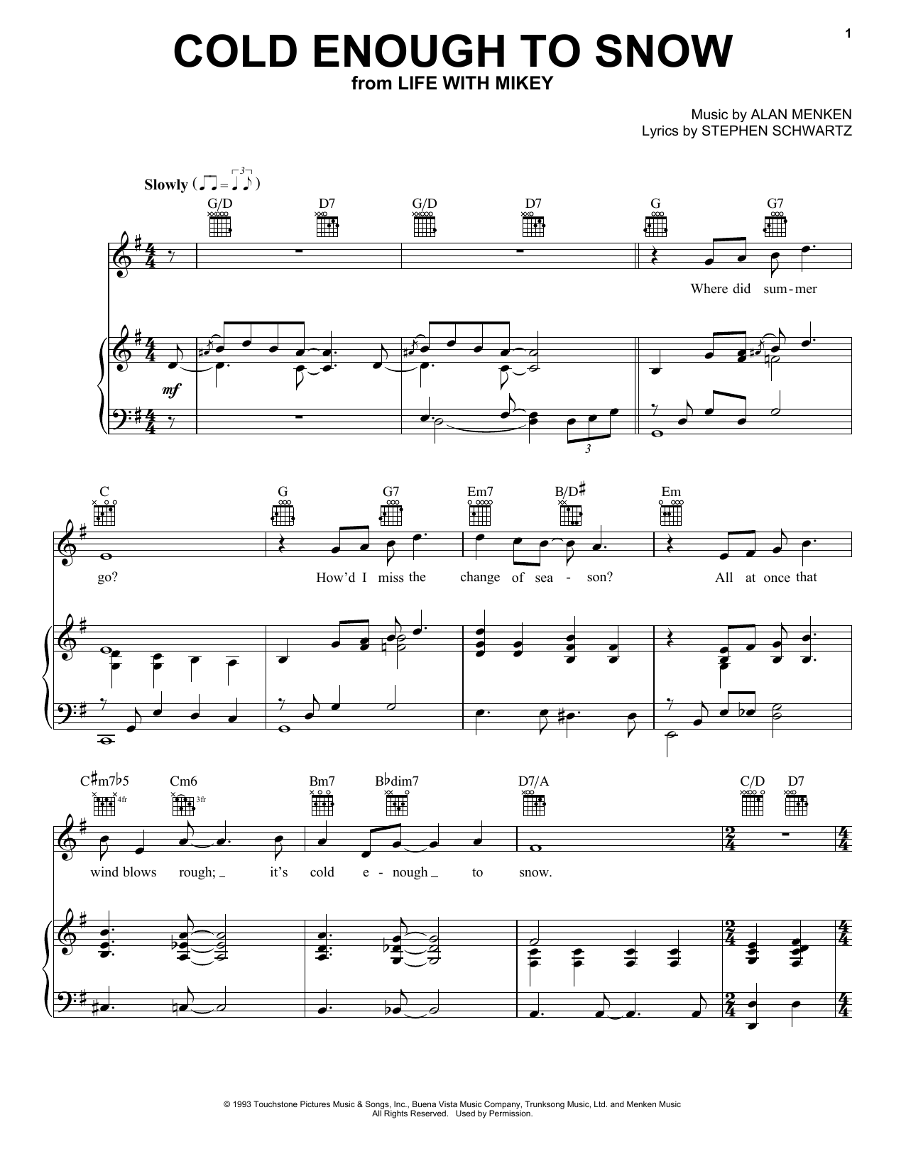 Stephen Schwartz Cold Enough To Snow Sheet Music Notes & Chords for Piano, Vocal & Guitar (Right-Hand Melody) - Download or Print PDF