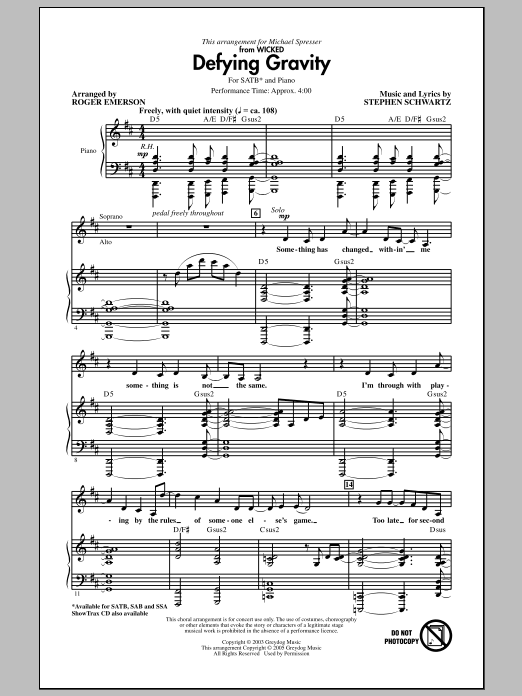 Stephen Schwartz Defying Gravity (from Wicked) (arr. Roger Emerson) Sheet Music Notes & Chords for SATB - Download or Print PDF