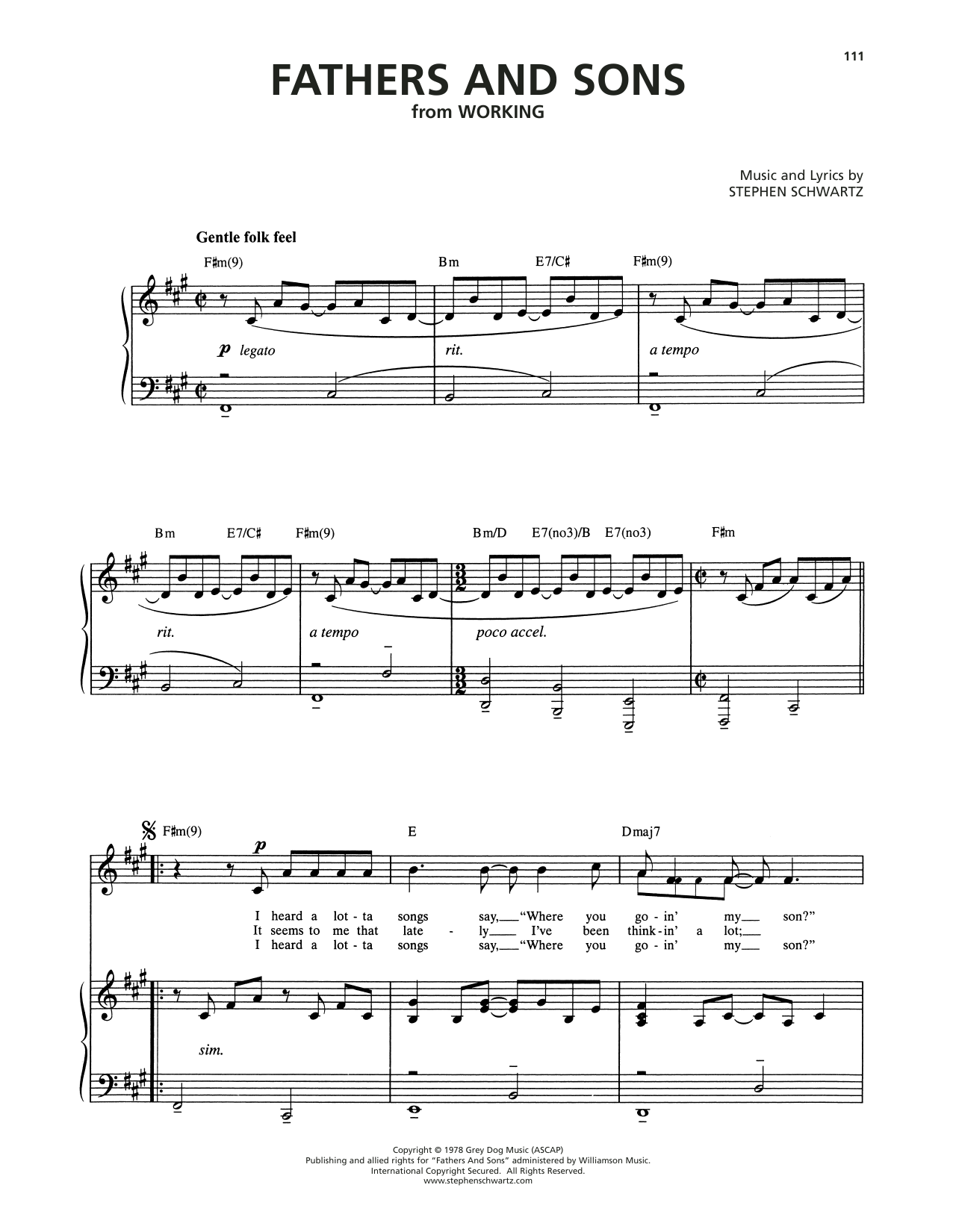 Stephen Schwartz Fathers And Sons (from Working) Sheet Music Notes & Chords for Piano & Vocal - Download or Print PDF