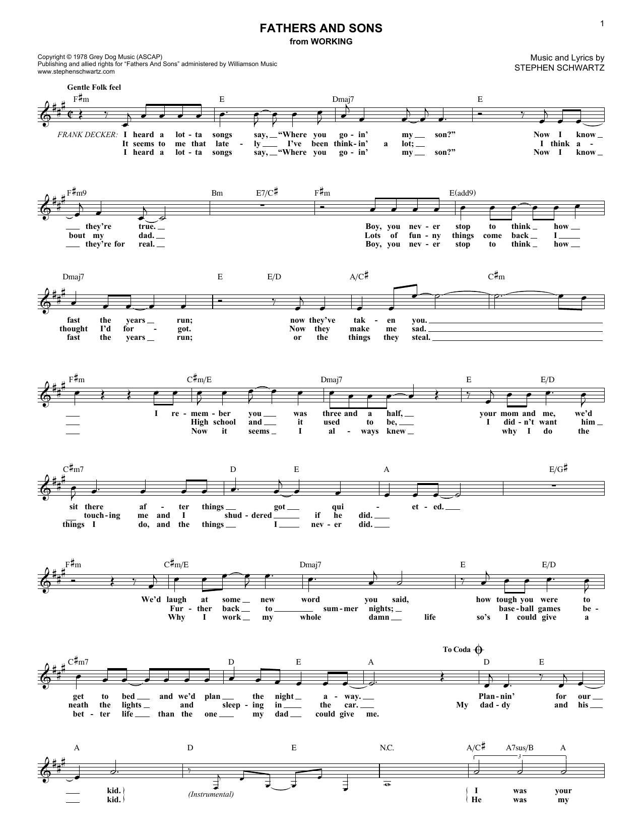 Stephen Schwartz Fathers And Sons Sheet Music Notes & Chords for Melody Line, Lyrics & Chords - Download or Print PDF