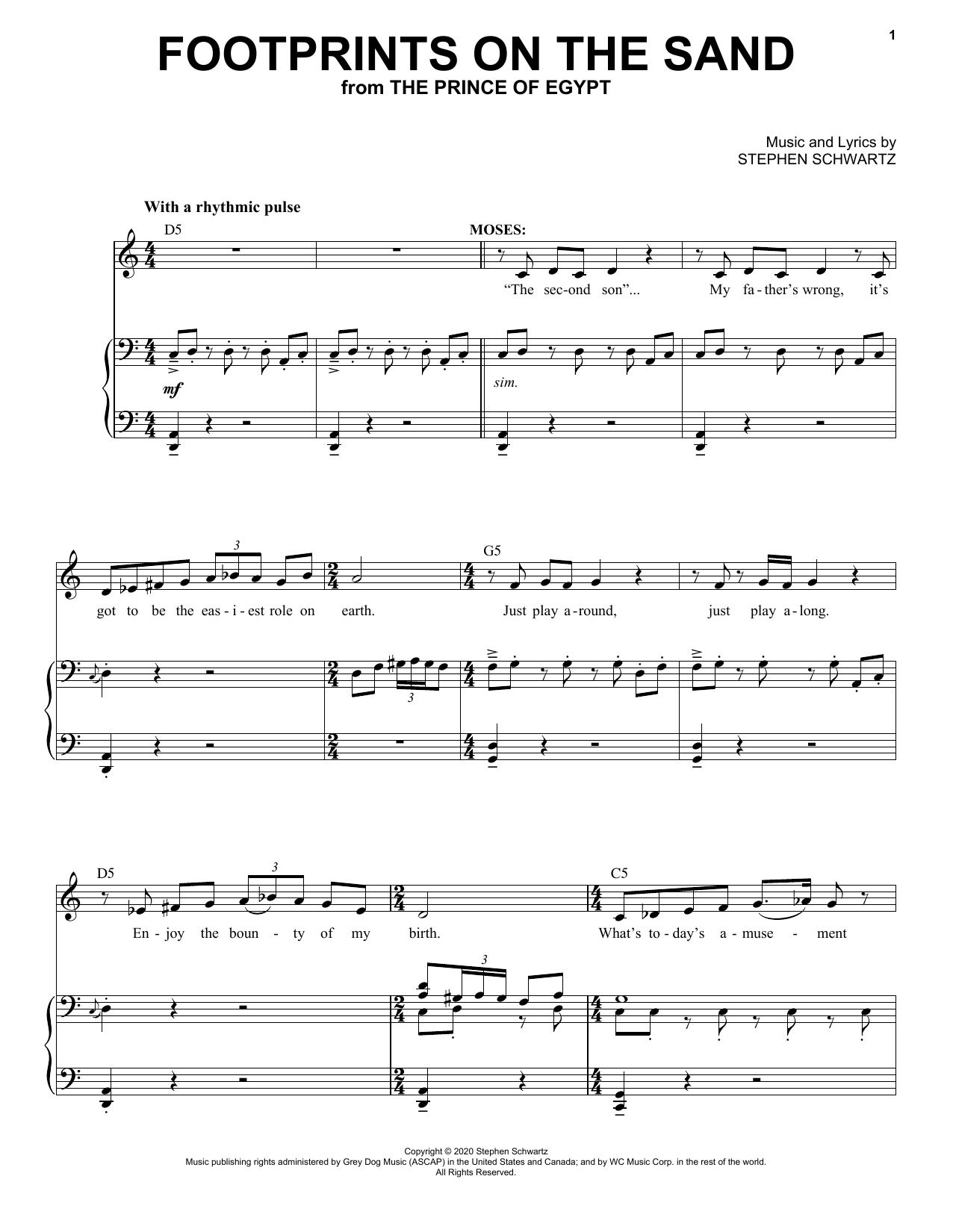 Stephen Schwartz Footprints On The Sand (from The Prince Of Egypt: A New Musical) Sheet Music Notes & Chords for Piano & Vocal - Download or Print PDF