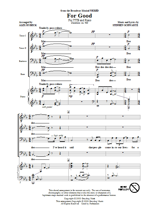 Stephen Schwartz For Good (from Wicked) (arr. Alex Rybeck) Sheet Music Notes & Chords for TTBB - Download or Print PDF