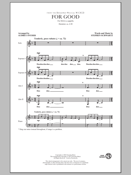 Stephen Schwartz For Good (from Wicked) (arr. Audrey Snyder) Sheet Music Notes & Chords for SSA - Download or Print PDF