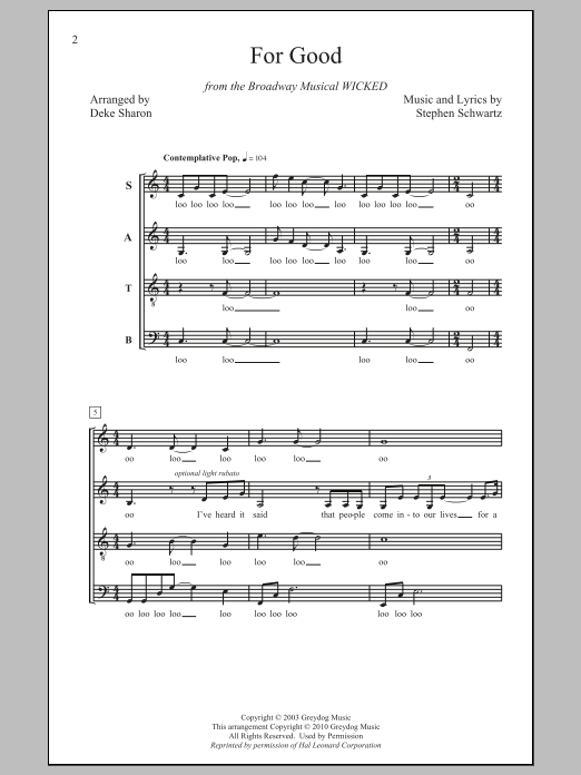 Stephen Schwartz For Good (from Wicked) (arr. Deke Sharon) Sheet Music Notes & Chords for SATB - Download or Print PDF