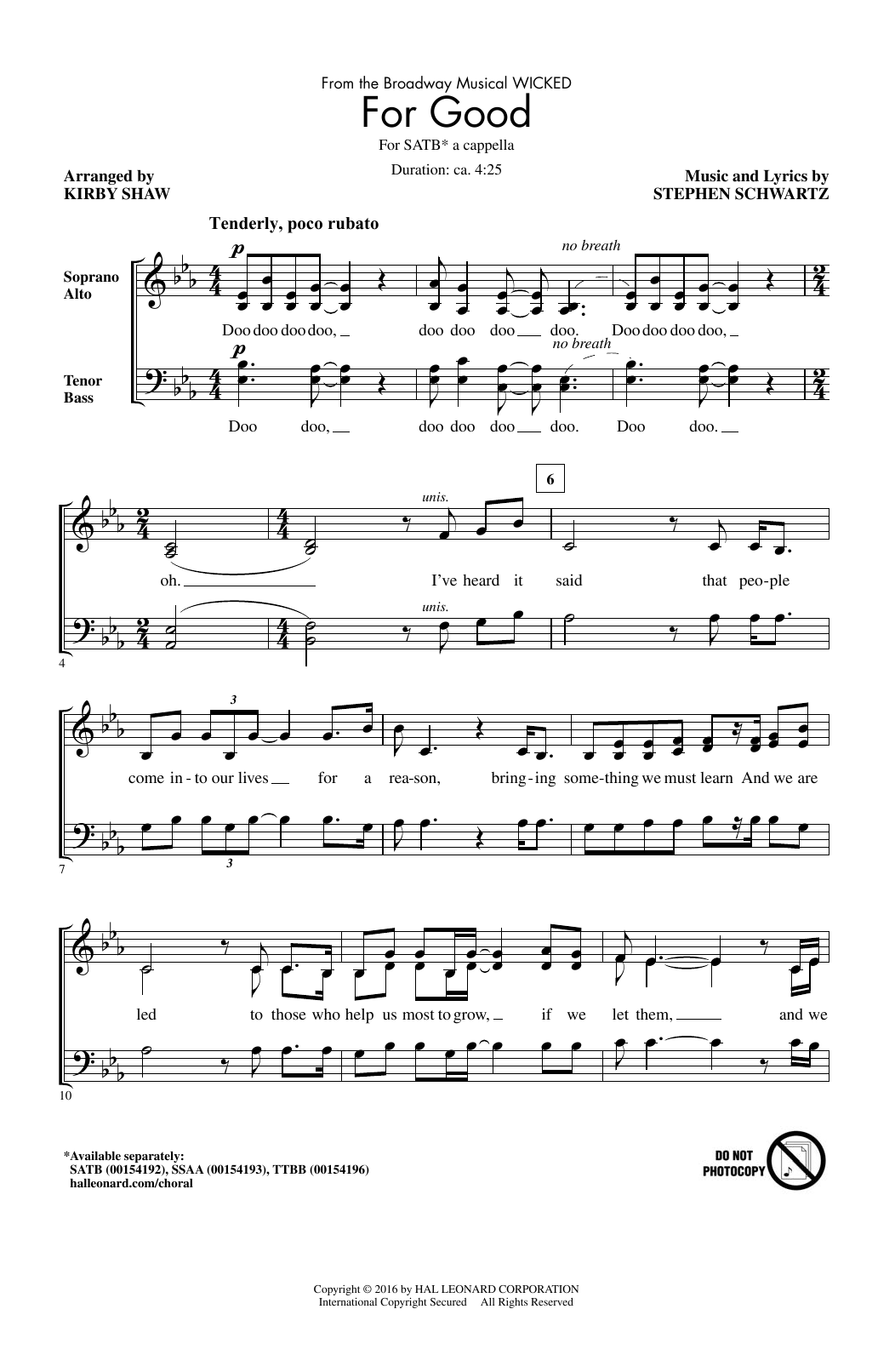 Stephen Schwartz For Good (from Wicked) (arr. Kirby Shaw) Sheet Music Notes & Chords for SATB - Download or Print PDF