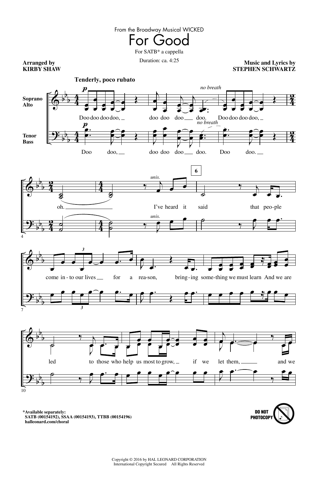 Stephen Schwartz For Good (from Wicked) (arr. Kirby Shaw) Sheet Music Notes & Chords for TTBB - Download or Print PDF