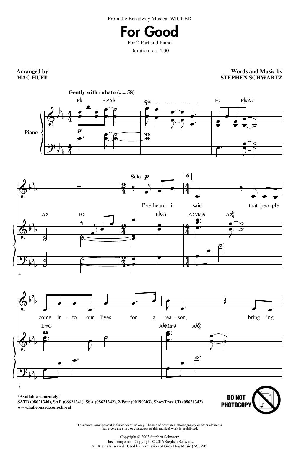 Stephen Schwartz For Good (from Wicked) (arr. Mac Huff) Sheet Music Notes & Chords for SATB Choir - Download or Print PDF