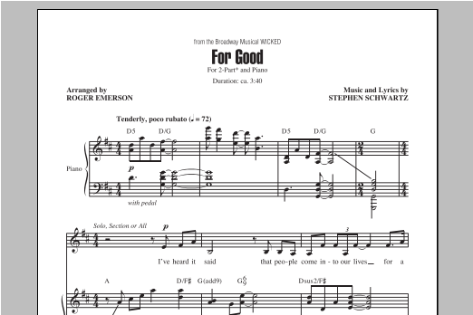Stephen Schwartz For Good (from Wicked) (arr. Roger Emerson) Sheet Music Notes & Chords for 2-Part Choir - Download or Print PDF