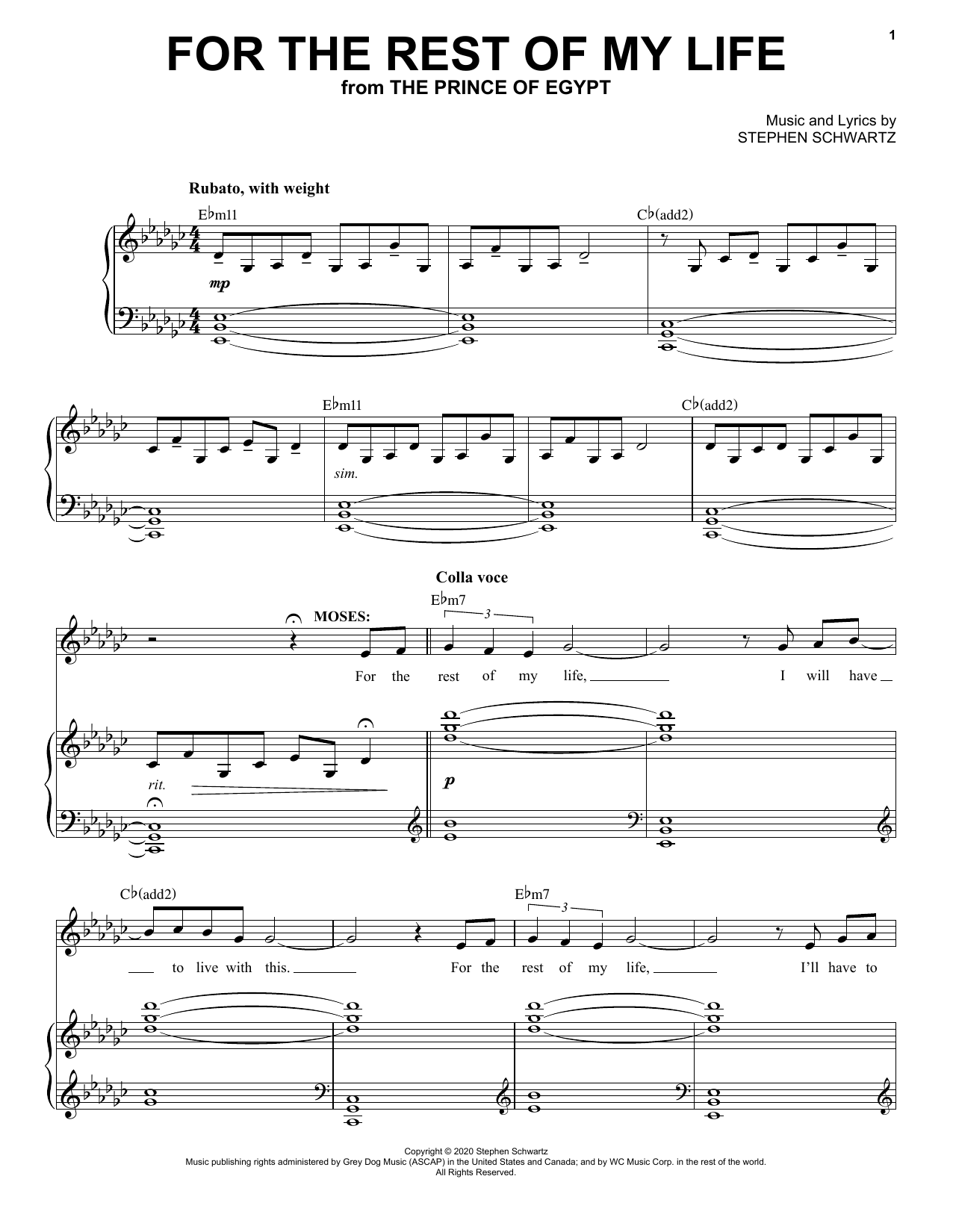 Stephen Schwartz For The Rest Of My Life (from The Prince Of Egypt: A New Musical) Sheet Music Notes & Chords for Piano & Vocal - Download or Print PDF