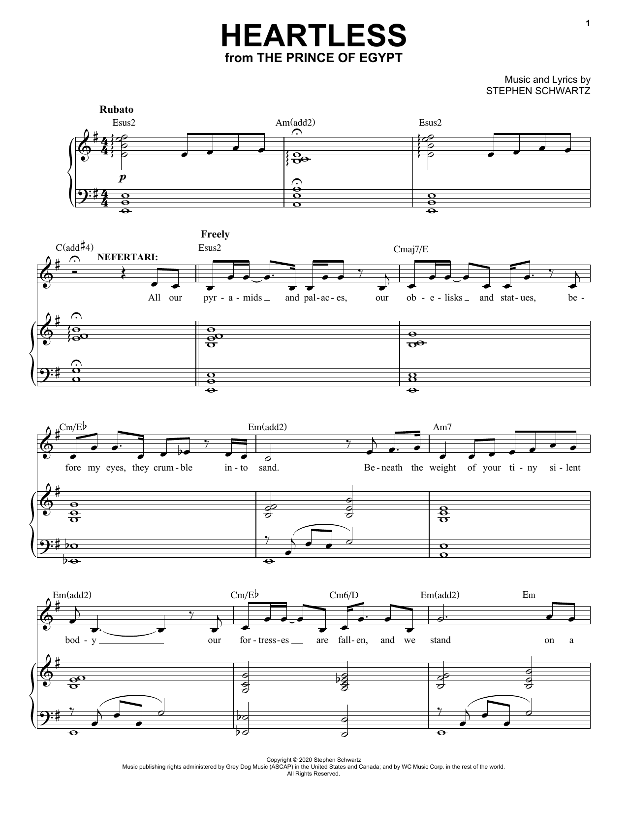 Stephen Schwartz Heartless (from The Prince Of Egypt: A New Musical) Sheet Music Notes & Chords for Piano & Vocal - Download or Print PDF