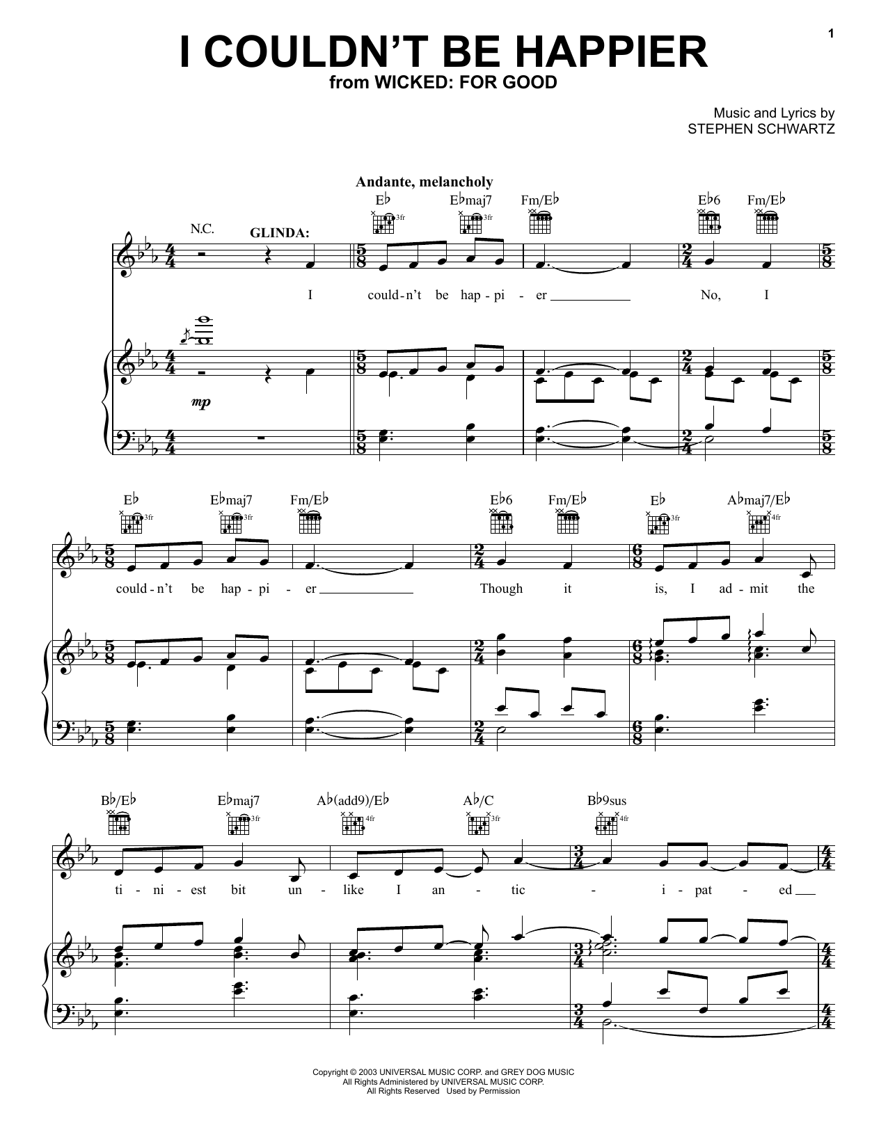 Stephen Schwartz I Couldn't Be Happier (from Wicked: For Good) Sheet Music Notes & Chords for Piano, Vocal & Guitar Chords (Right-Hand Melody) - Download or Print PDF
