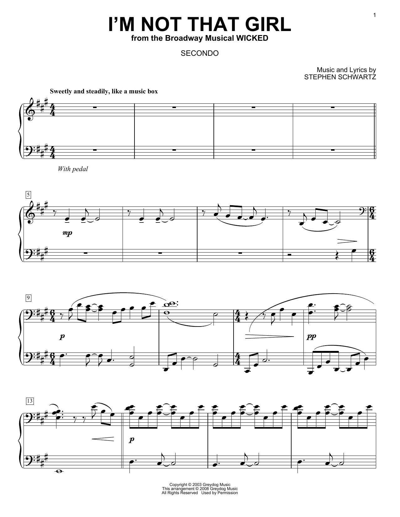 Stephen Schwartz I'm Not That Girl (from Wicked) (arr. Carol Klose) Sheet Music Notes & Chords for Piano Duet - Download or Print PDF