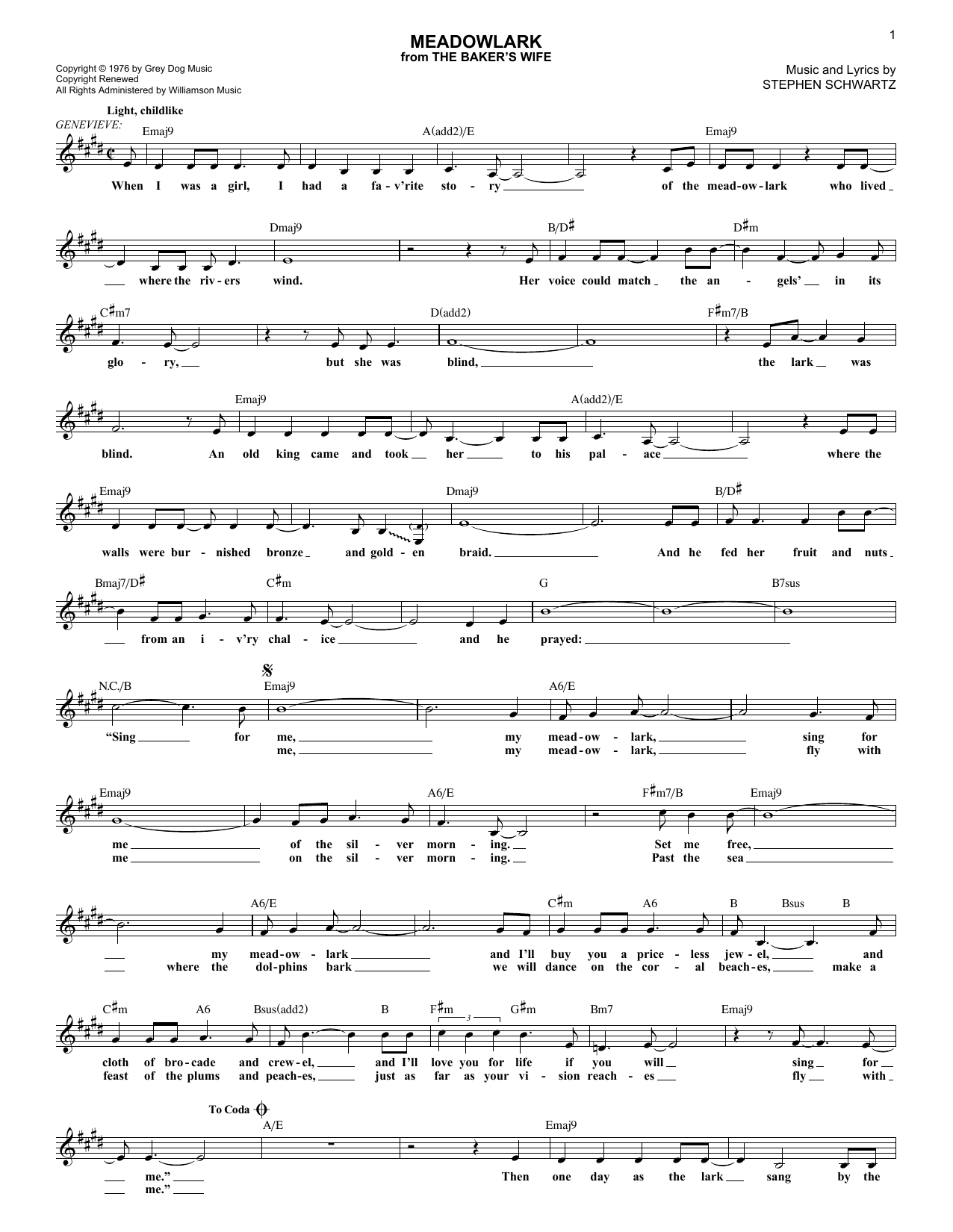 Stephen Schwartz Meadowlark Sheet Music Notes & Chords for Melody Line, Lyrics & Chords - Download or Print PDF