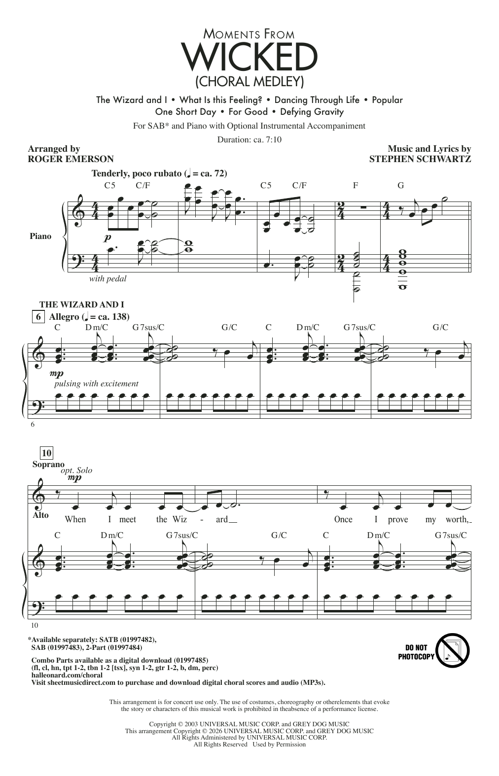 Stephen Schwartz Moments from Wicked (Choral Medley) (arr. Roger Emerson) Sheet Music Notes & Chords for 2-Part Choir - Download or Print PDF